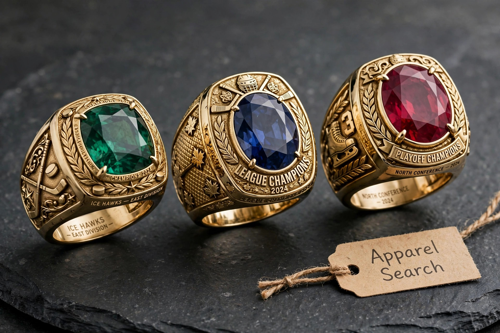 Stanley Cup championship style rings with detailed engraving and sparkling stones on deep red velvet