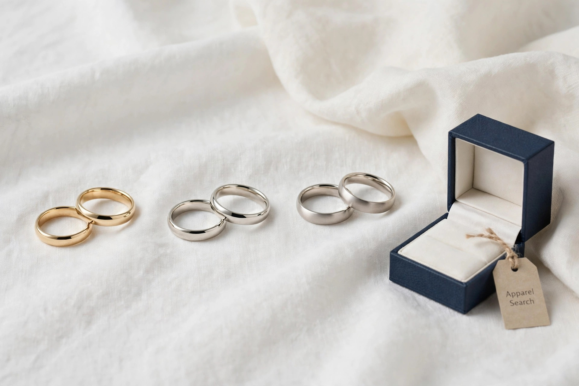 Wedding bands in plain yellow gold, white gold and platinum pairs beside a ring box on soft white linen
