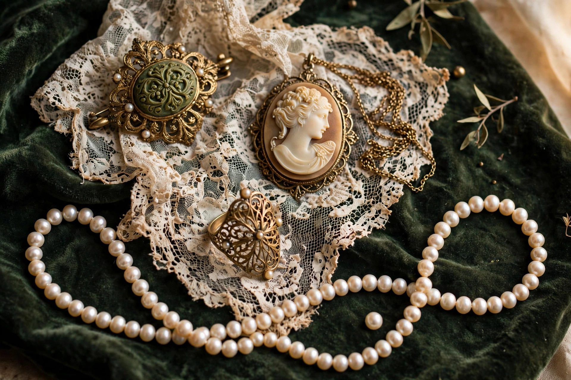 Vintage jewelry including an antique-style brooch, a cameo pendant, a filigree ring and a pearl necklace on aged lace and dark green velvet