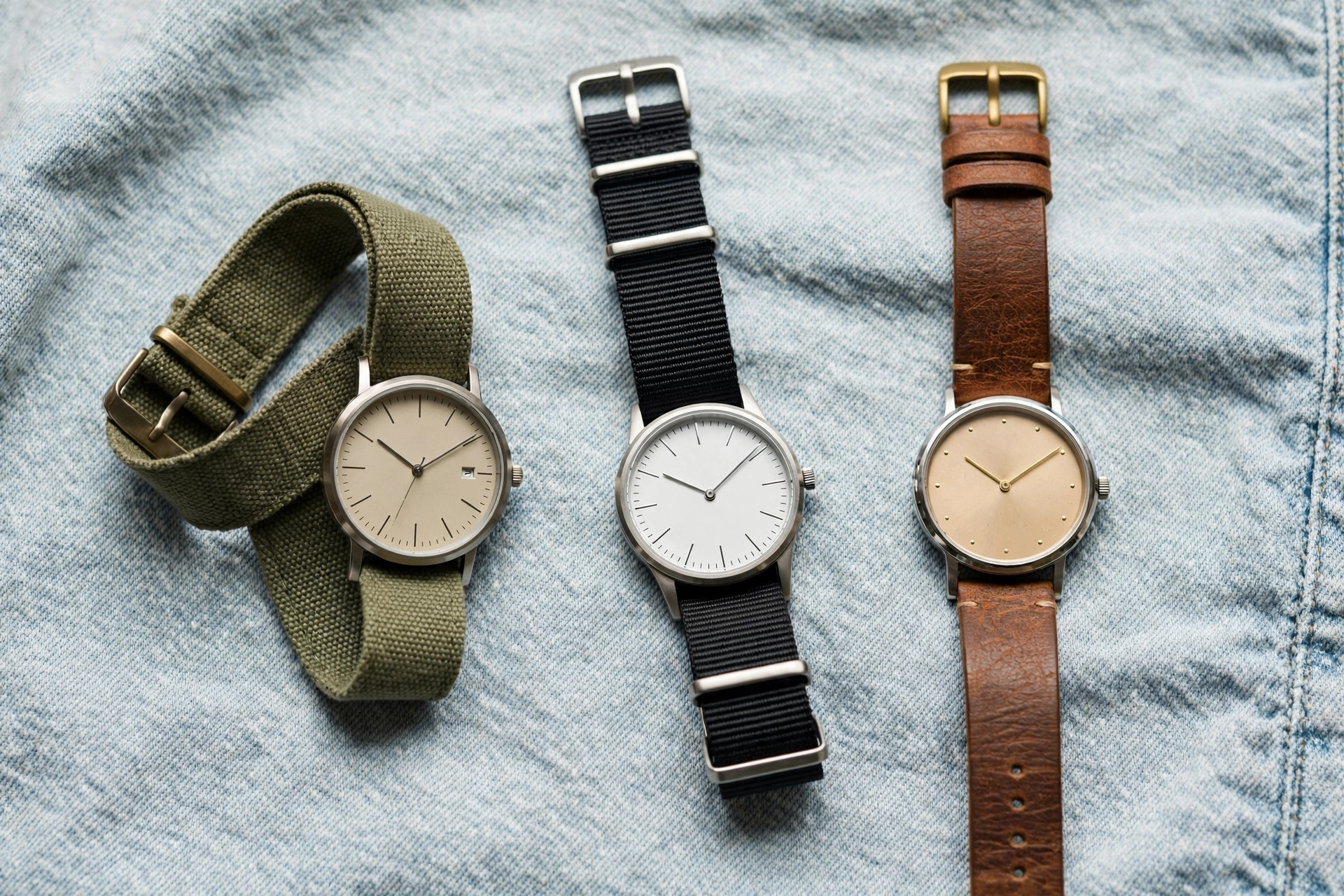 Casual wristwatches with canvas, nylon and leather straps and clear simple dials on light denim fabric