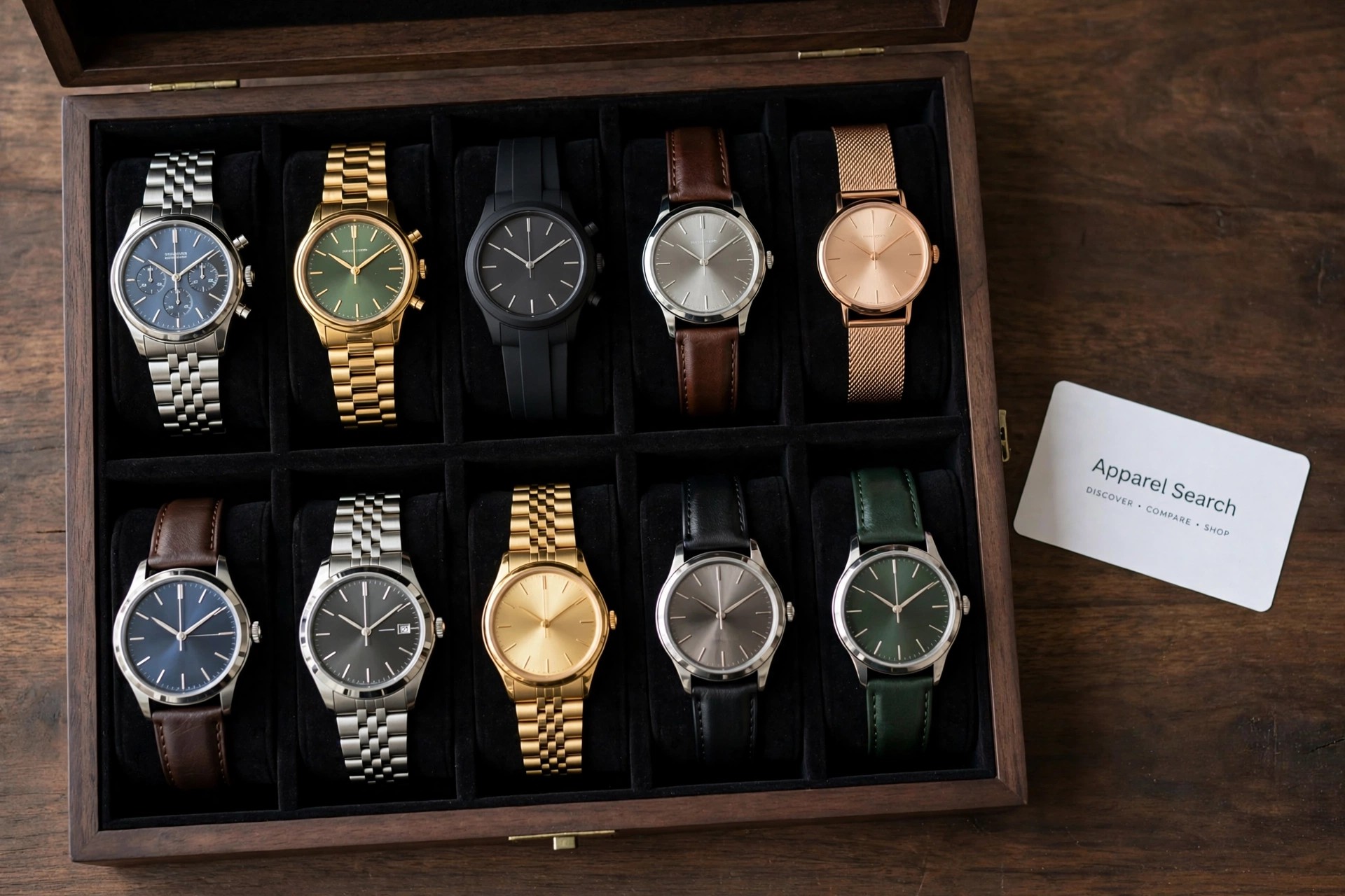 Ten luxury wristwatches from different famous houses arranged in two rows in an open presentation case on dark wood, an Apparel Search card beside the case