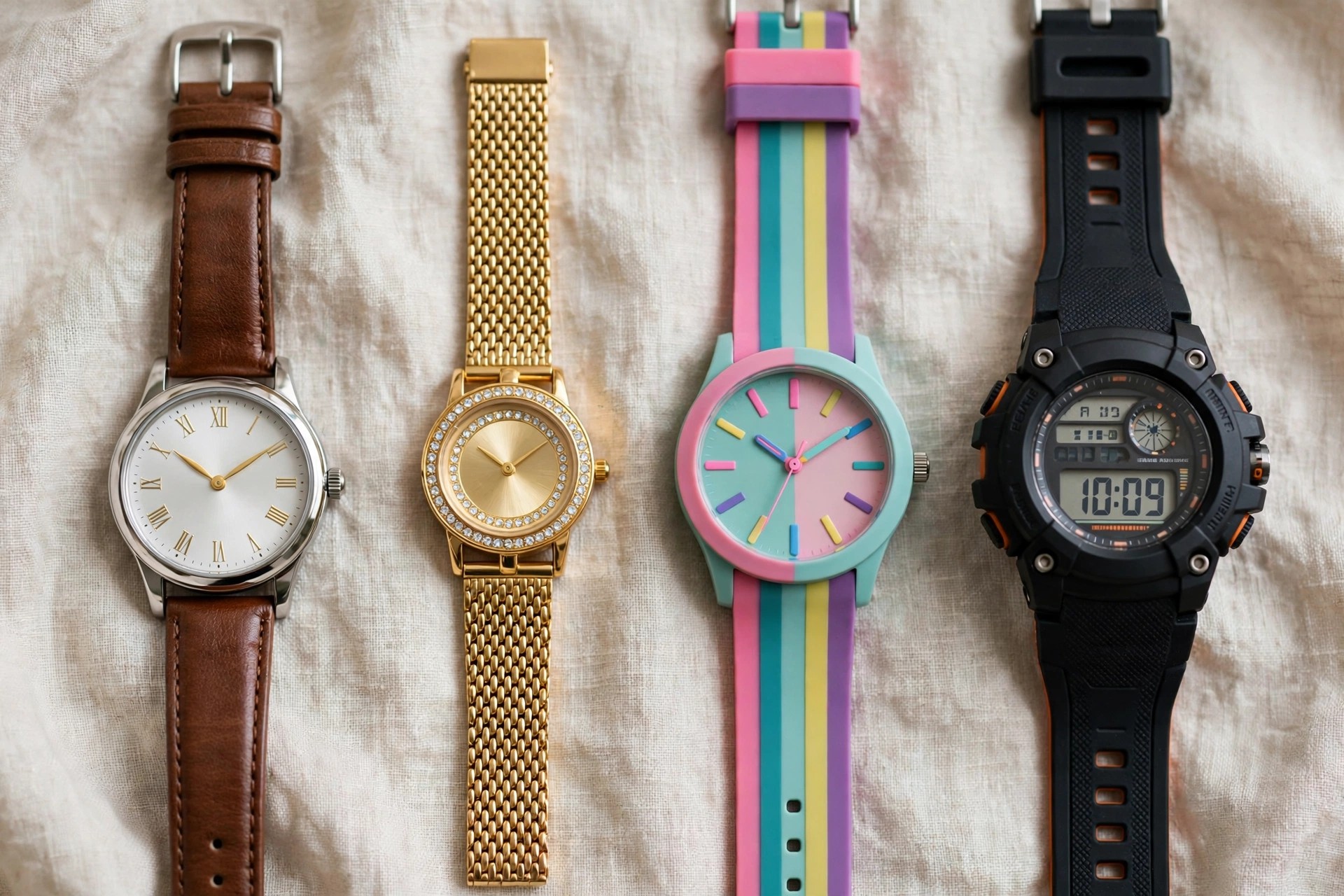 Women's wristwatches laid flat: a classic round dress watch, a gold jewelry watch, a fashion watch and a sports watch with different straps, product flat lay with no people