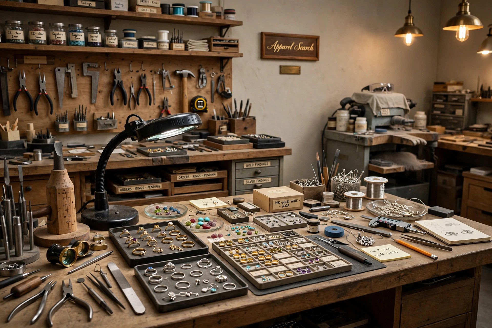 Jewelry manufacturing workshop with workbenches, ring mandrels and trays of unfinished rings, necklaces and earrings
