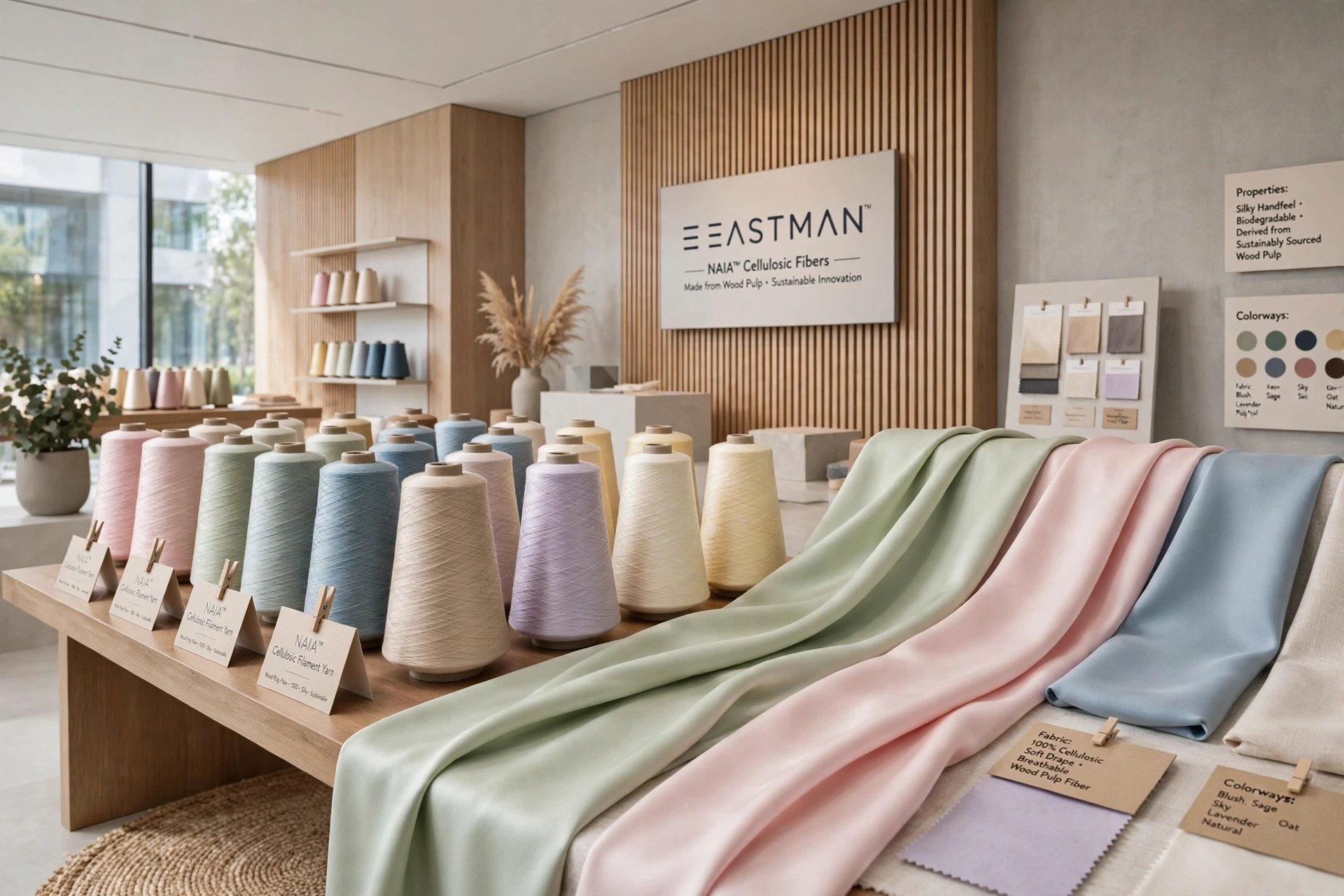 Silky cellulosic filament yarn cones and smooth flowing fabric swatches in a modern fiber showroom