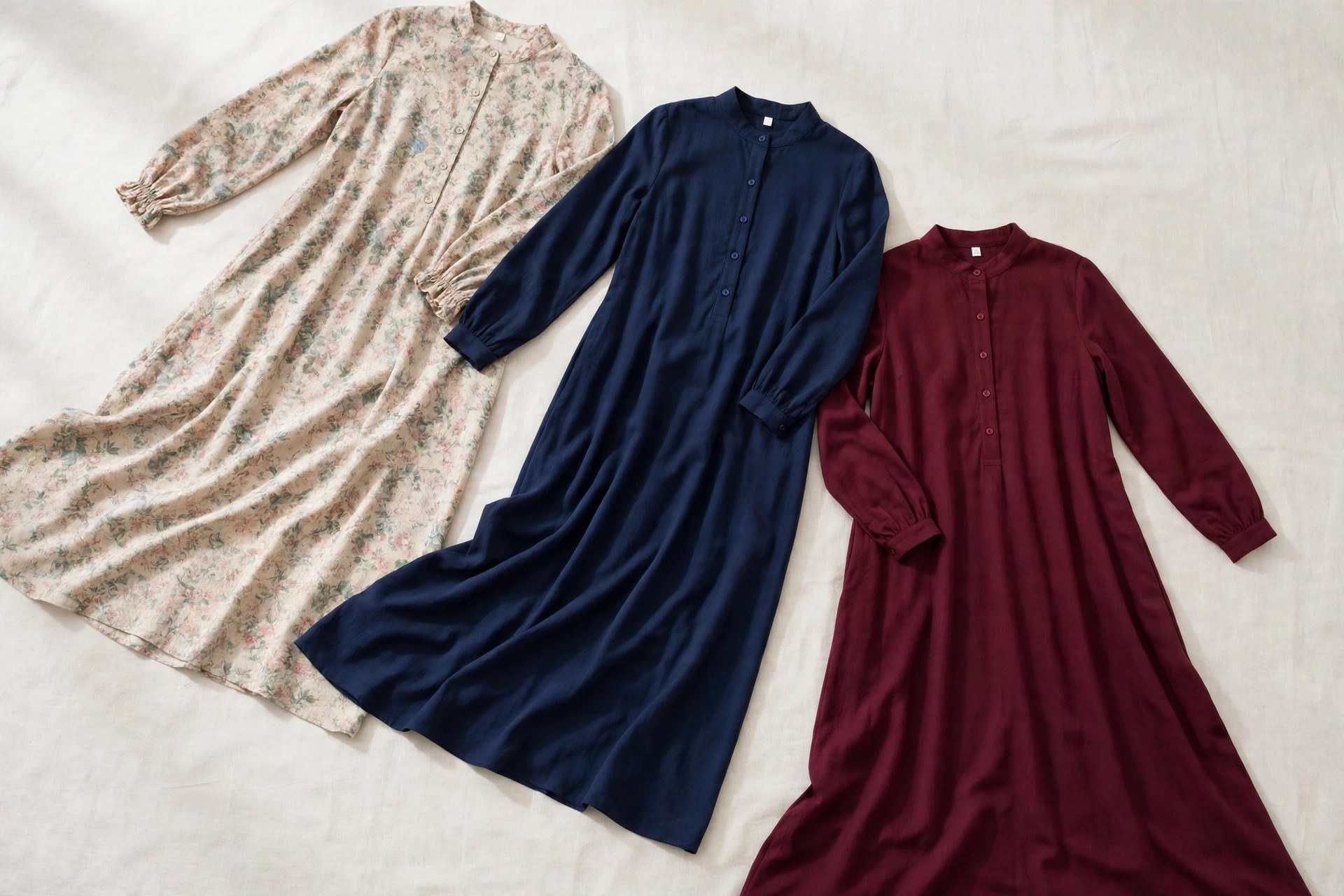 A flat lay of modest long dresses with long sleeves and higher necklines in navy, burgundy and soft floral fabrics, product photography with no people