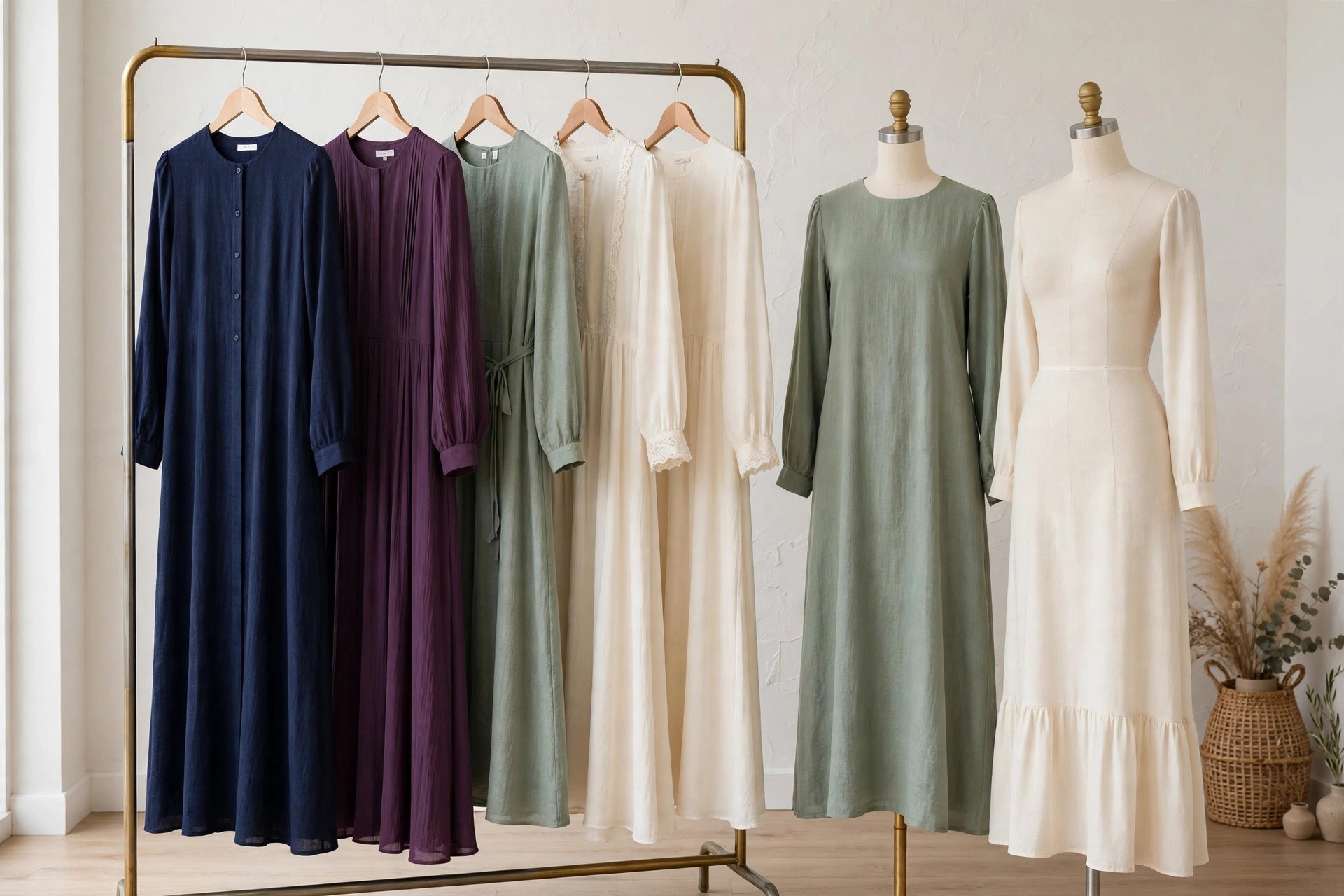 Long modest dresses with long sleeves in navy, plum, sage and cream hanging on a clothing rack beside dress forms, product photography with no people