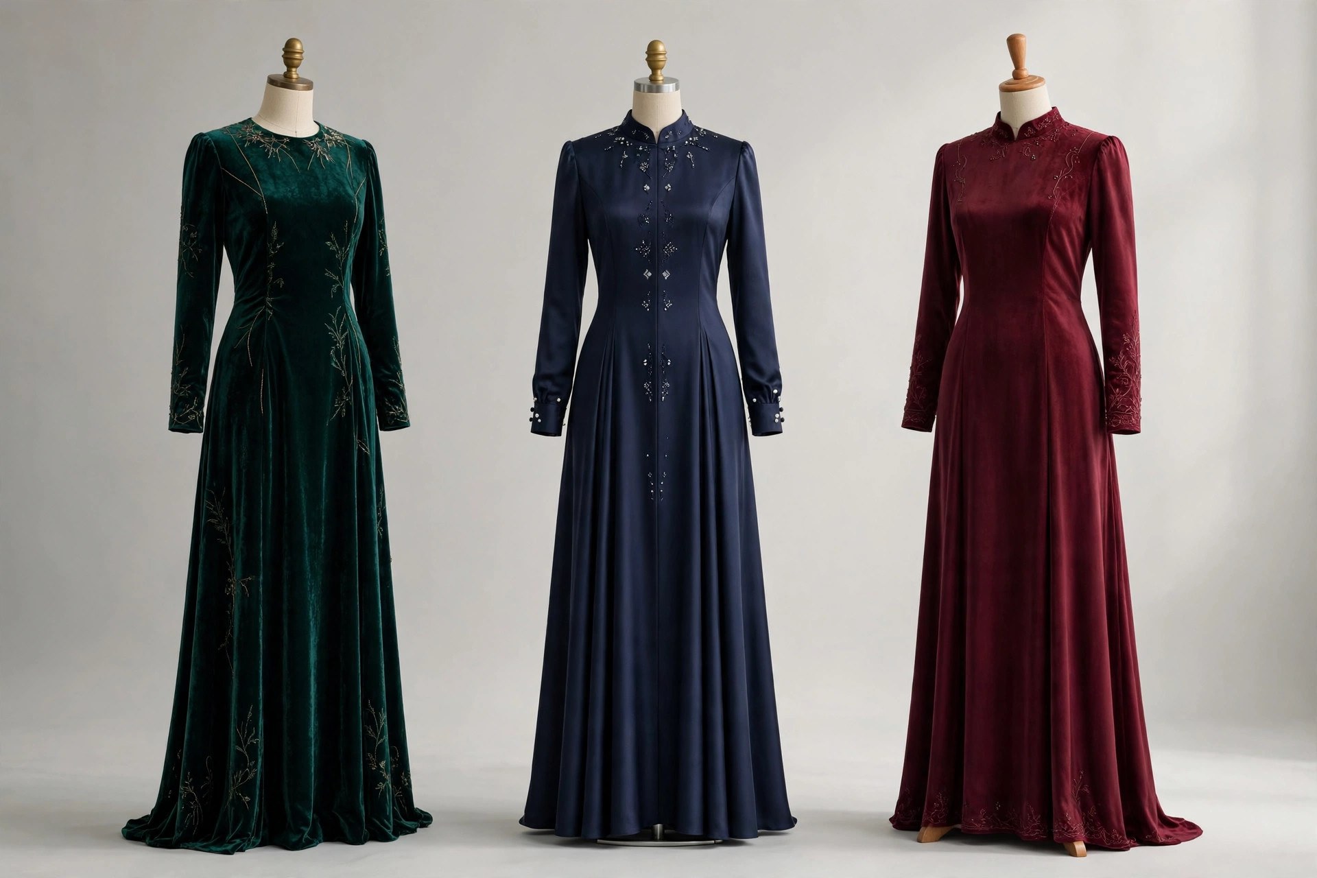 Formal modest evening gowns with long sleeves in emerald, navy and burgundy velvet and satin displayed on dress forms, product photography with no people