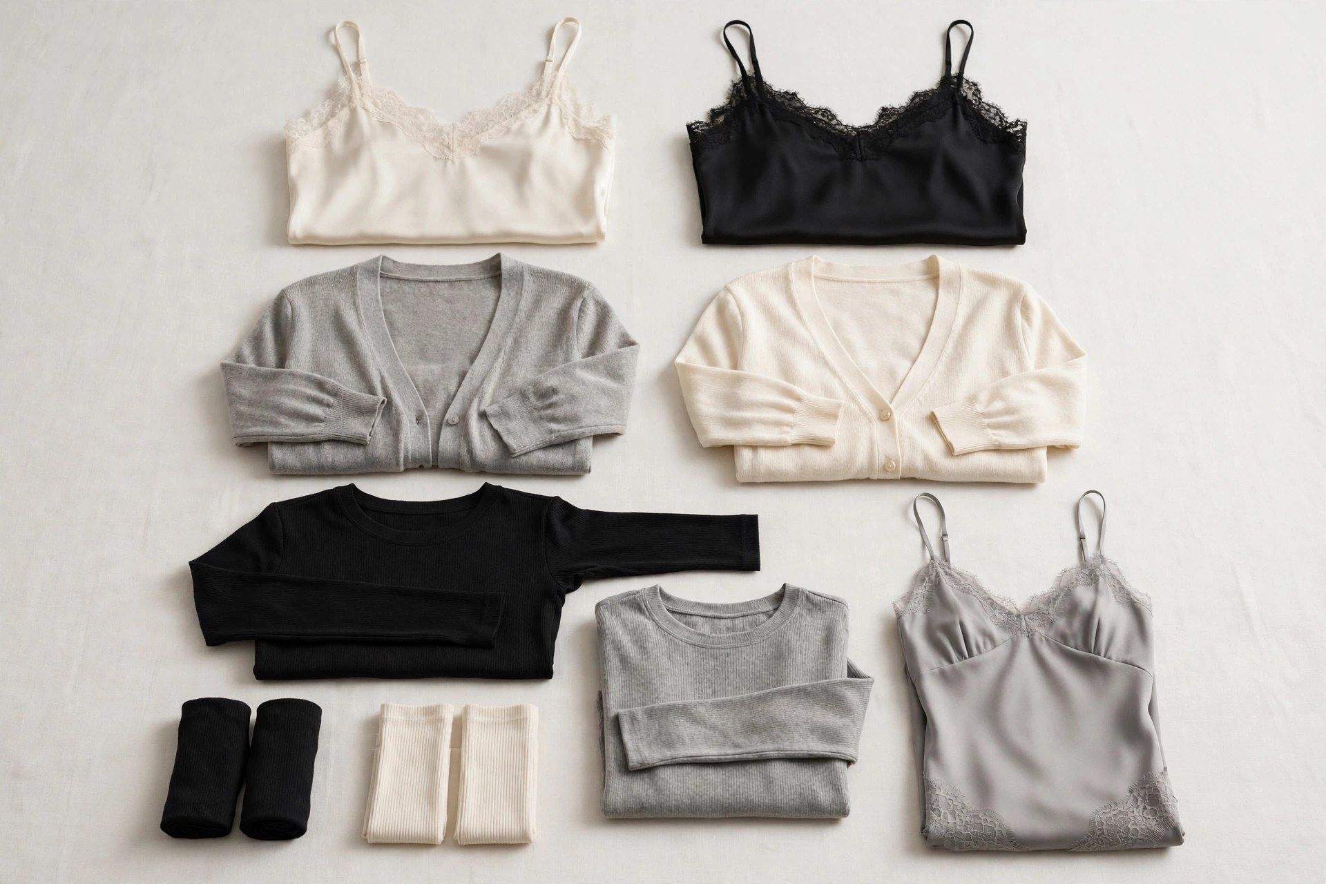 A flat lay of layering pieces including camisoles, lightweight cardigans, long-sleeve layering tops and a slip in cream, black and soft grey, product photography with no people