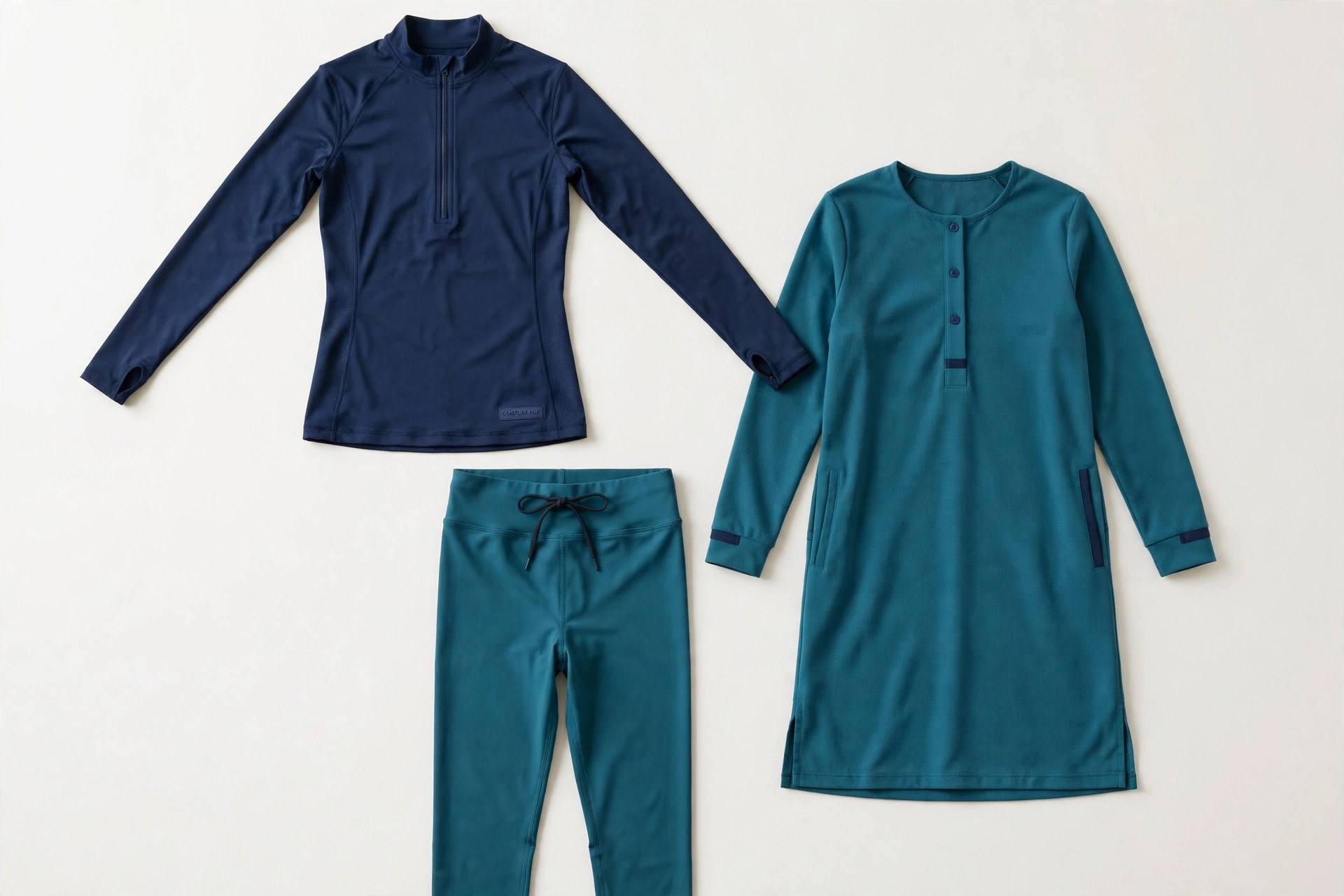 A flat lay of full-coverage swimwear including a long-sleeve swim top, a knee-length swim tunic and swim leggings in navy and teal, product photography with no people