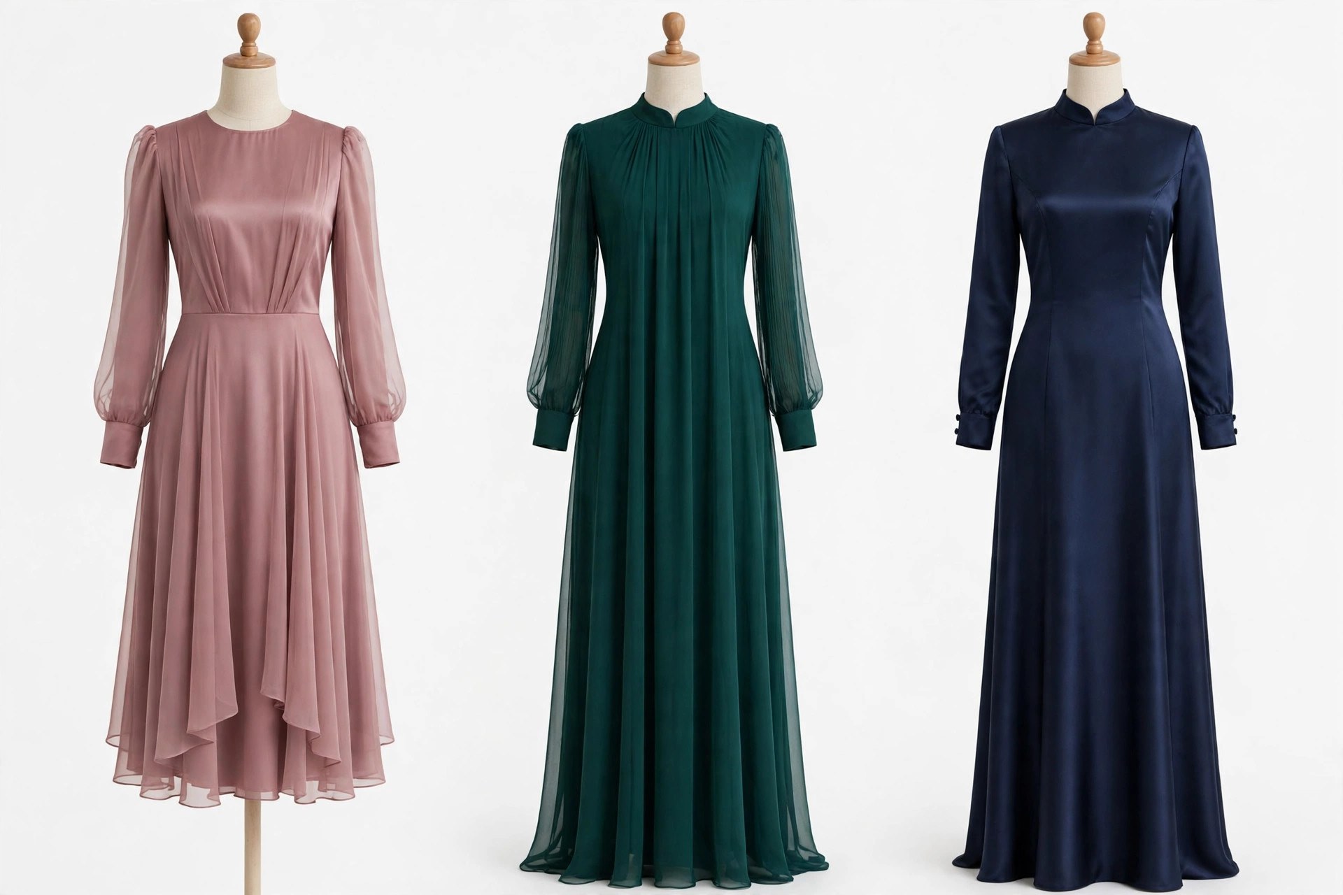 Modest wedding guest dresses with long sleeves in dusty rose, emerald and navy displayed on dress forms, product photography with no people