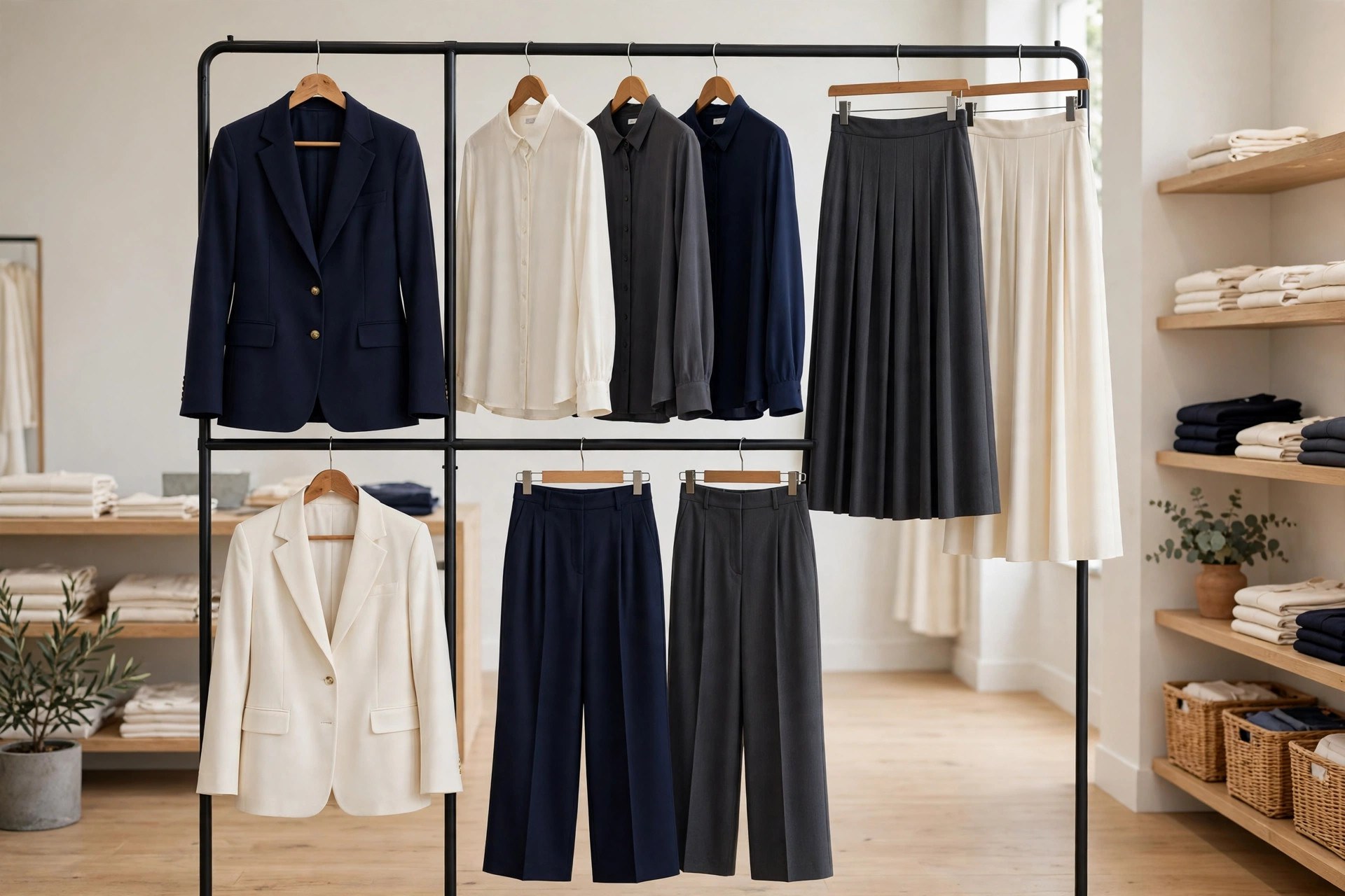 A clothing rack of modest workwear including tailored blazers, long-sleeve blouses, midi skirts and wide-leg trousers in navy, charcoal and cream, product photography with no people