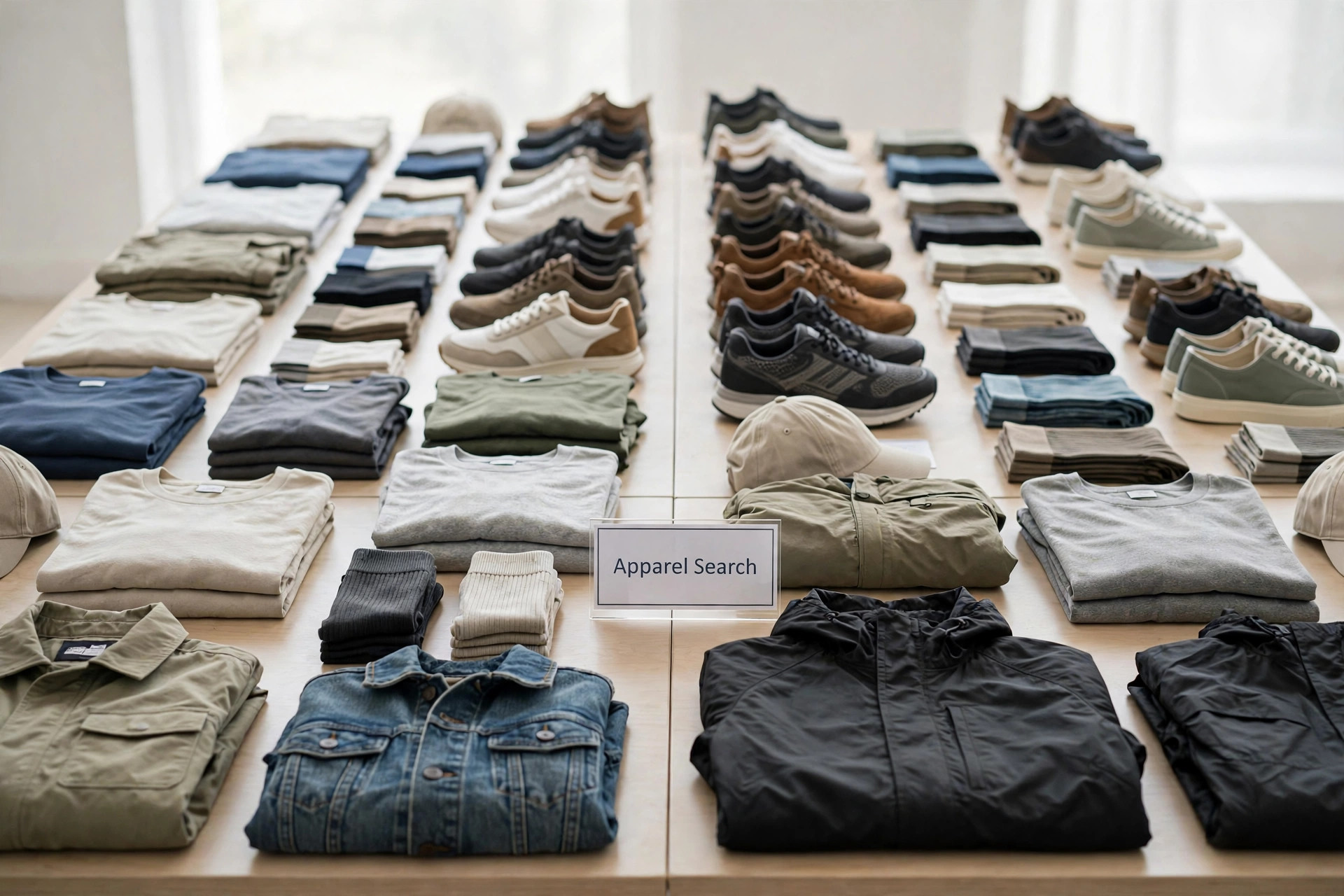 A trade association conference scene with rows of apparel and footwear samples on display tables and a small Apparel Search sign, product photography with no people