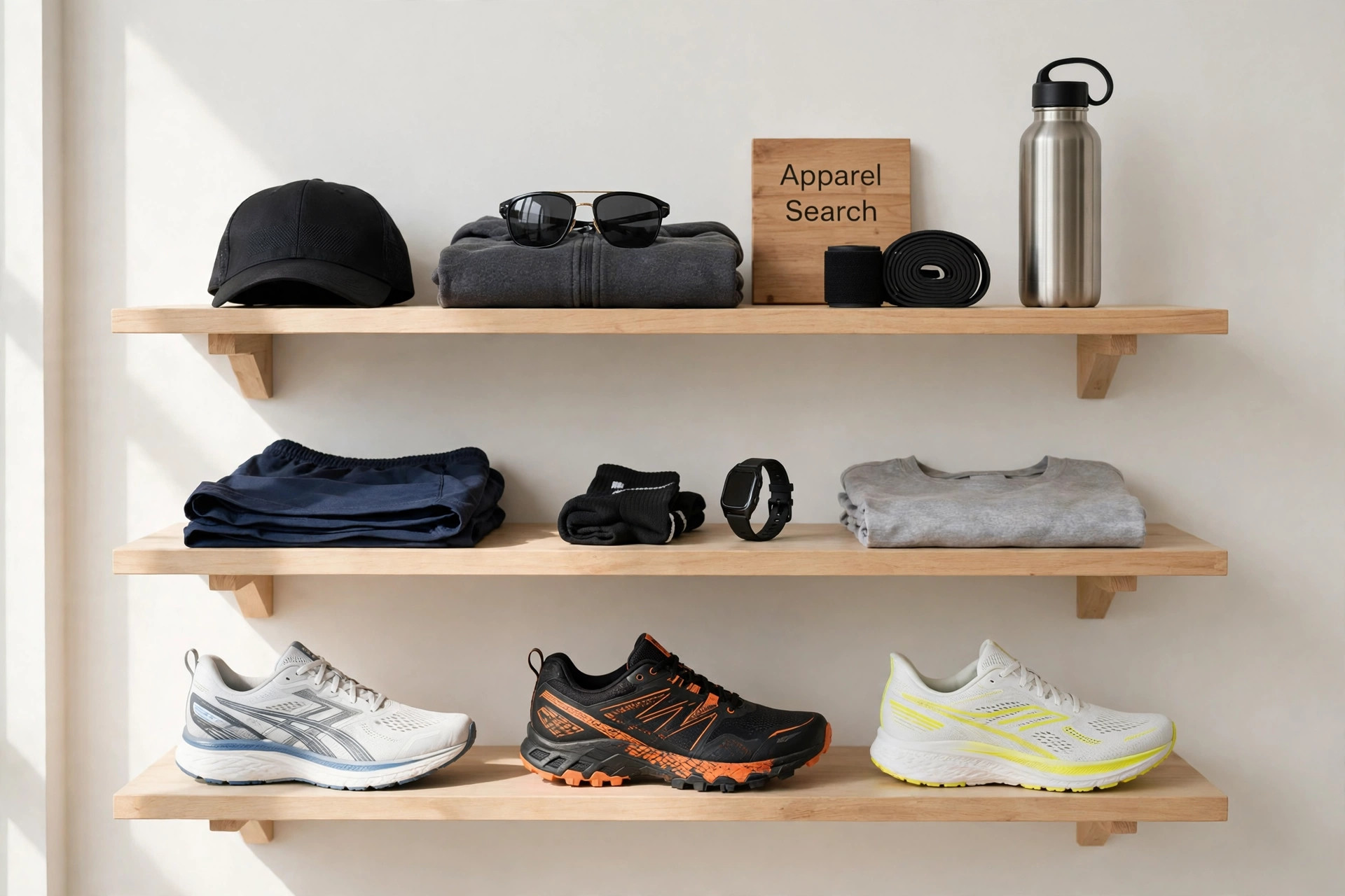 A product display of athletic shoes, sportswear and accessories arranged on shelves with a small Apparel Search sign, product photography with no people