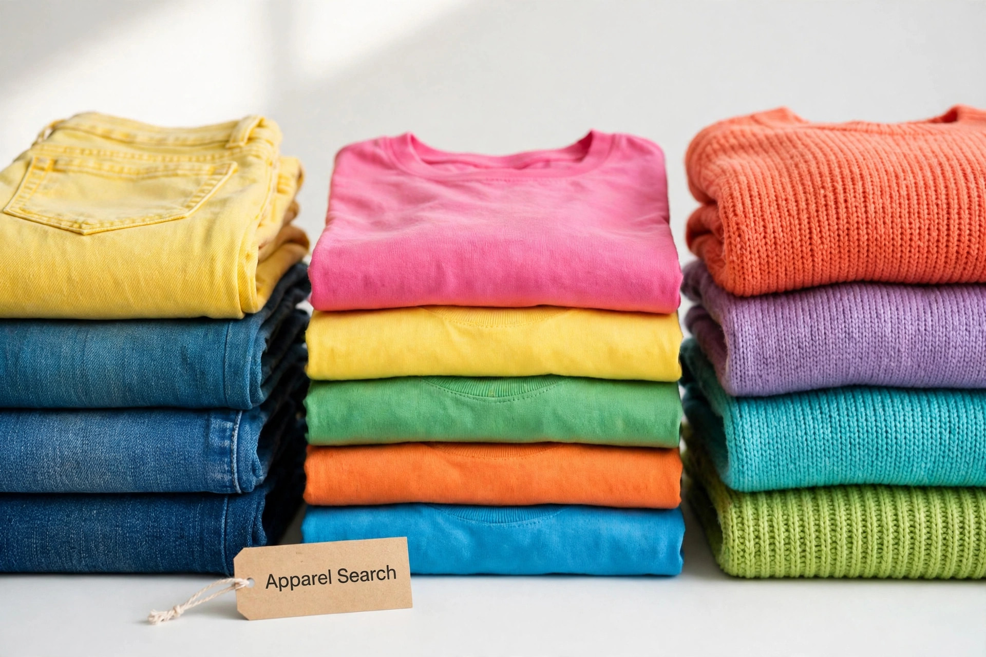 A teen clothing store display with stacks of folded jeans, t-shirts and sweaters in bright colours and a small Apparel Search tag, product photography with no people