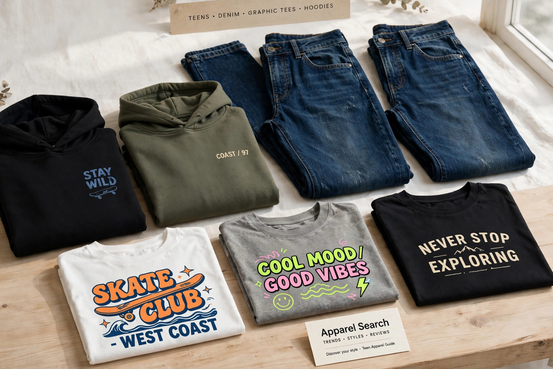 A mall clothing store window display with denim jeans, graphic t-shirts and hoodies for teens and a small Apparel Search card, product photography with no people