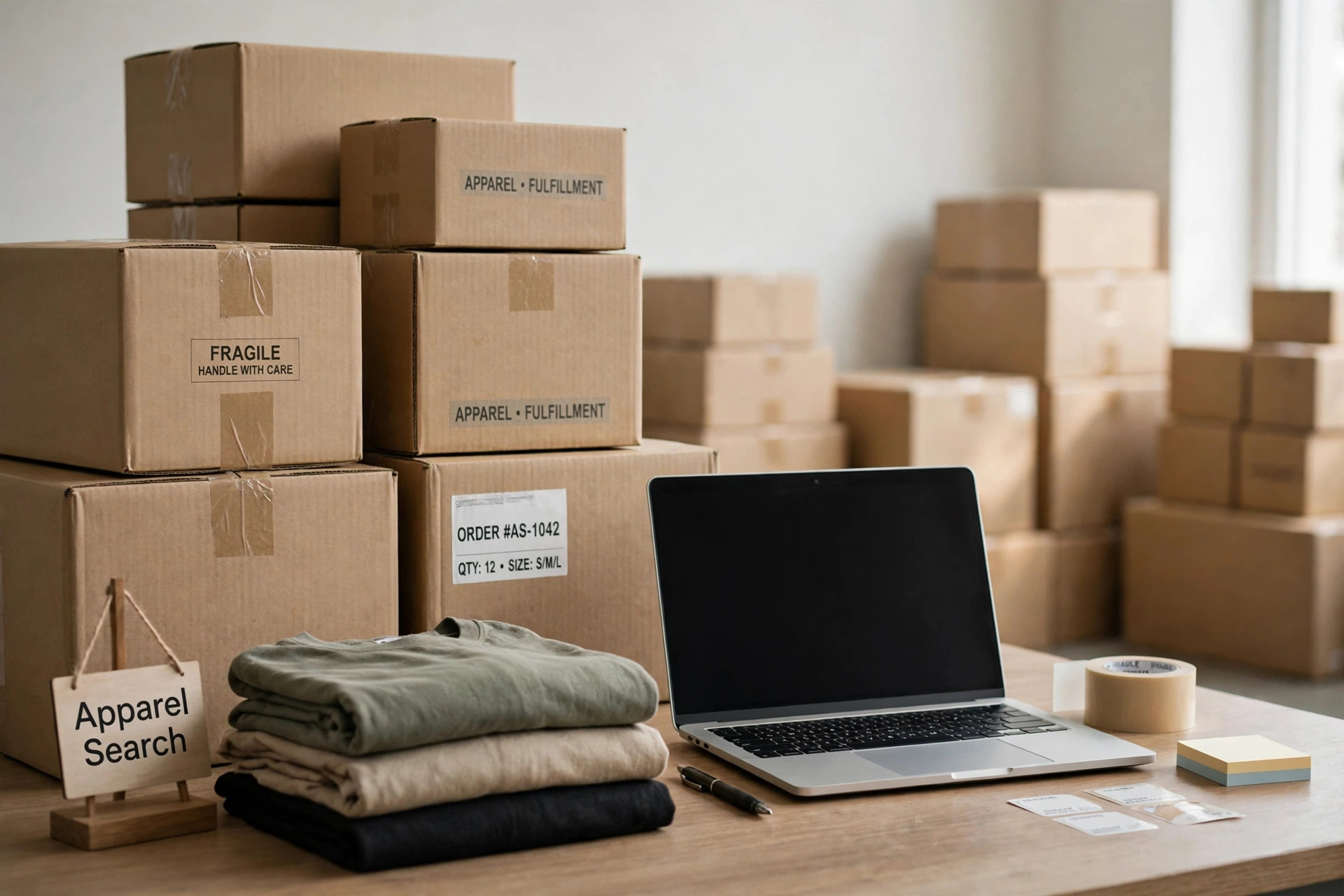 A small business warehouse scene with stacked shipping cartons, folded garments and a laptop on a desk with a small Apparel Search sign, product photography with no people