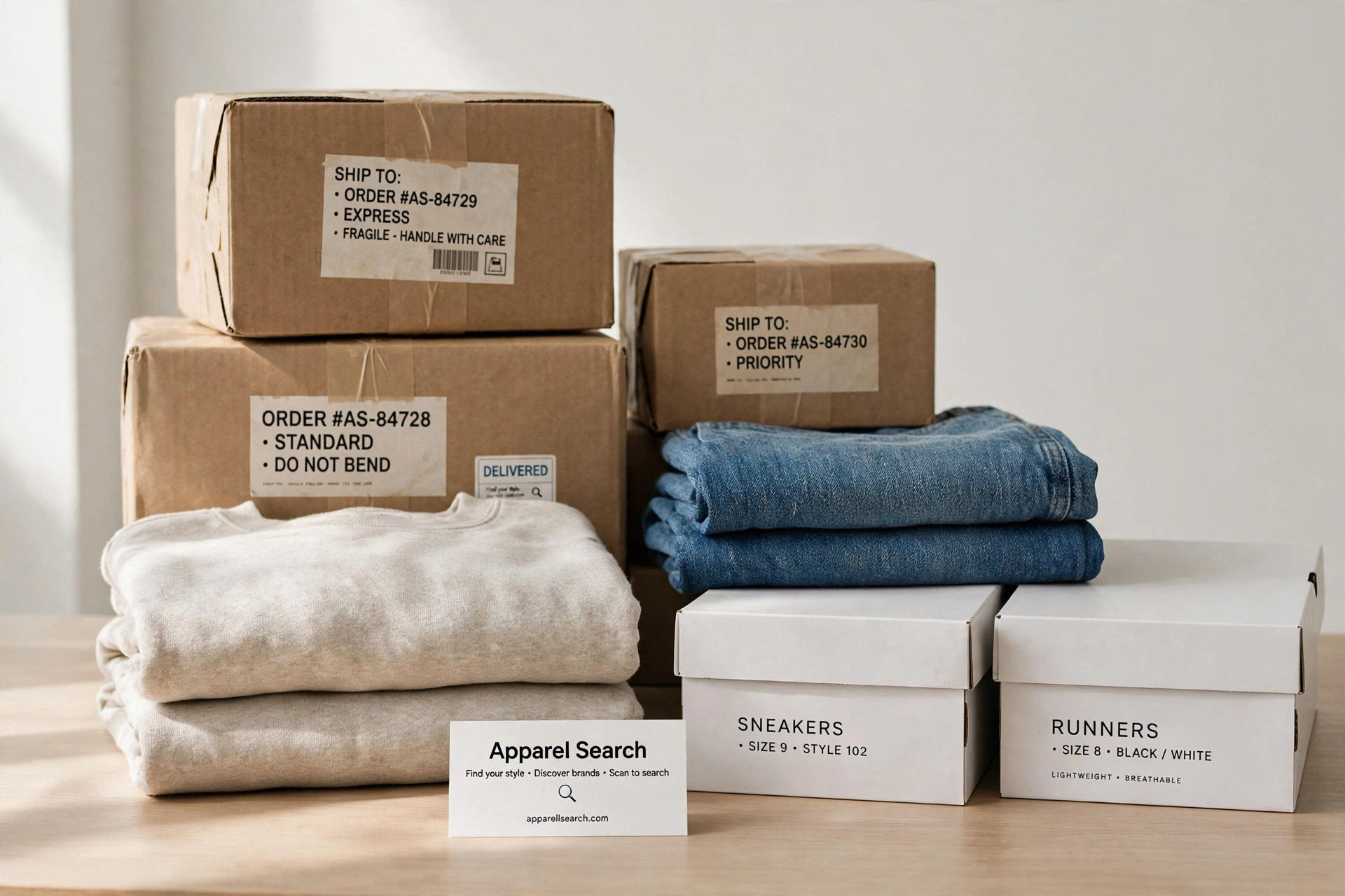 A delivery and shopping scene with stacked parcels, folded clothing and shoe boxes on a table and a small Apparel Search card, product photography with no people