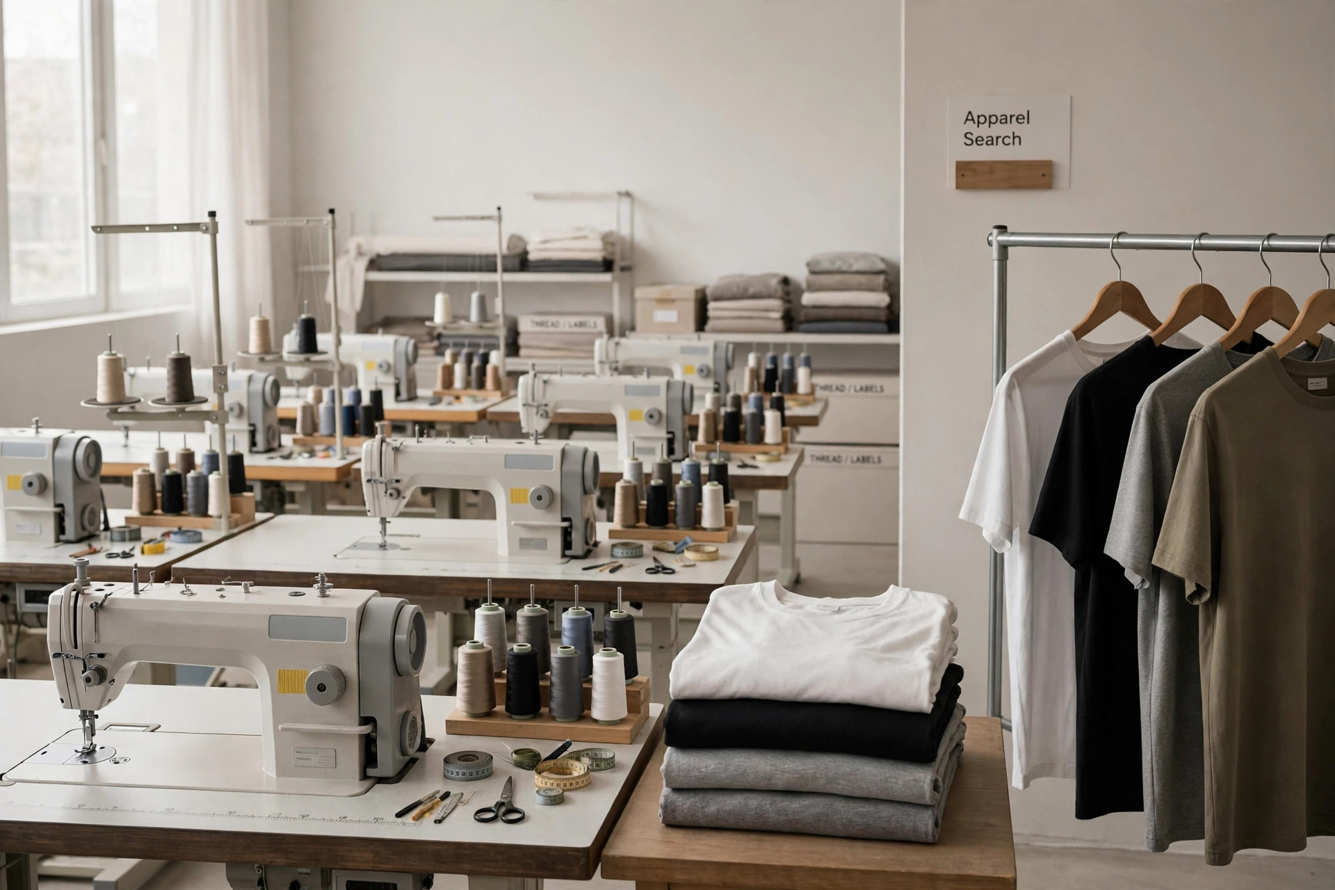 A garment factory scene with rows of sewing stations, folded basic t-shirts and hanging garments and a small Apparel Search sign, product photography with no people