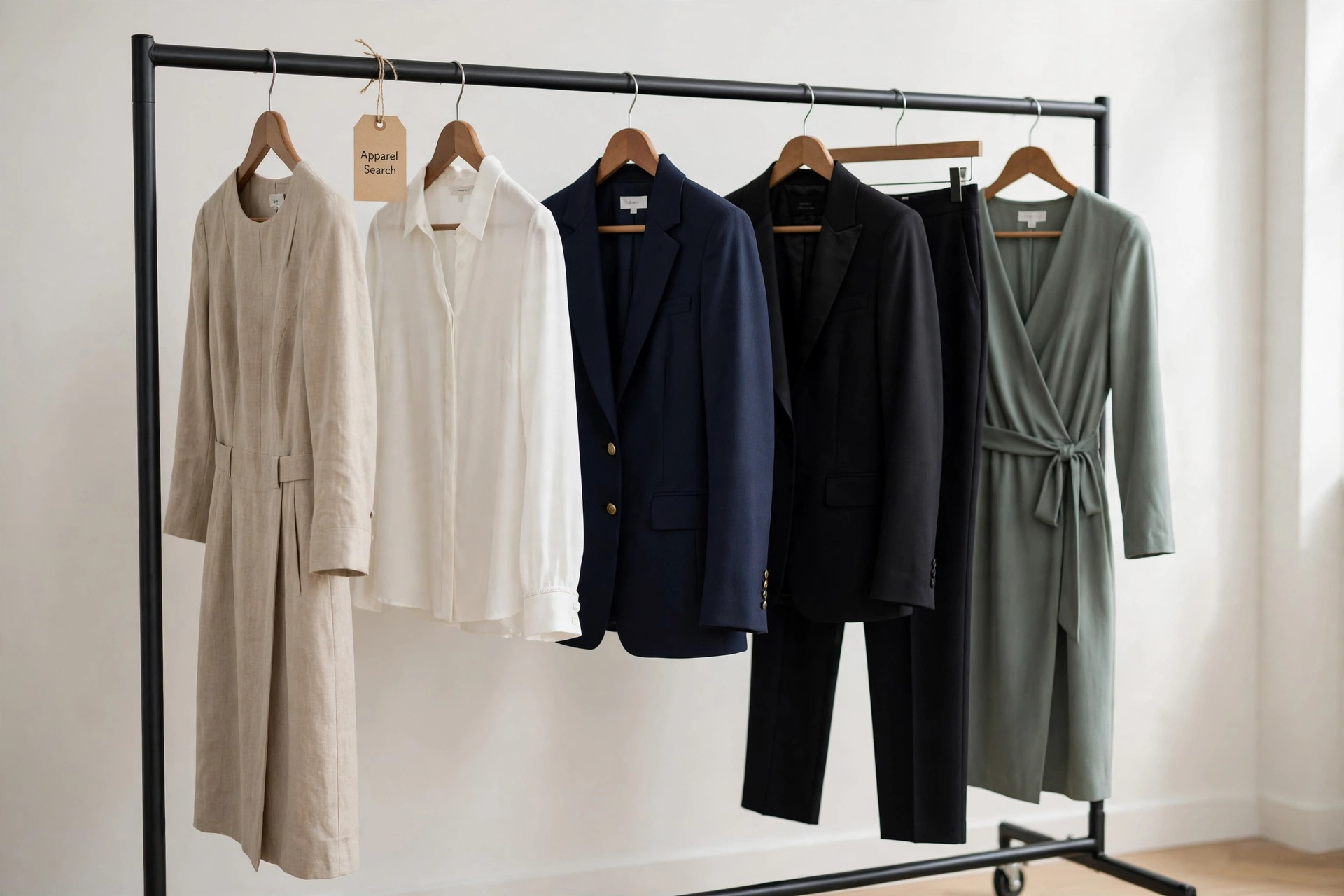 An elegant women's clothing office display with tailored dresses, blouses and suits on a rail and a small Apparel Search tag, product photography with no people