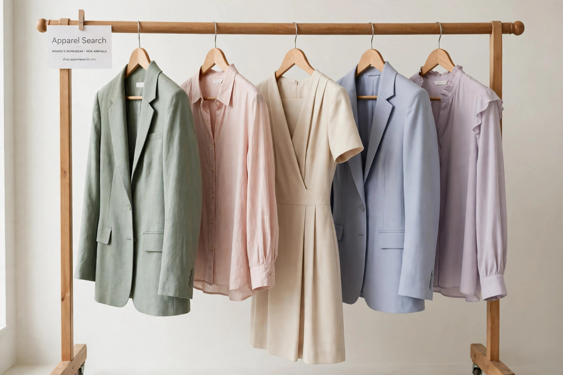 A women's clothing boutique rail with polished work dresses, blouses and tailored jackets in soft colours and a small Apparel Search card, product photography with no people