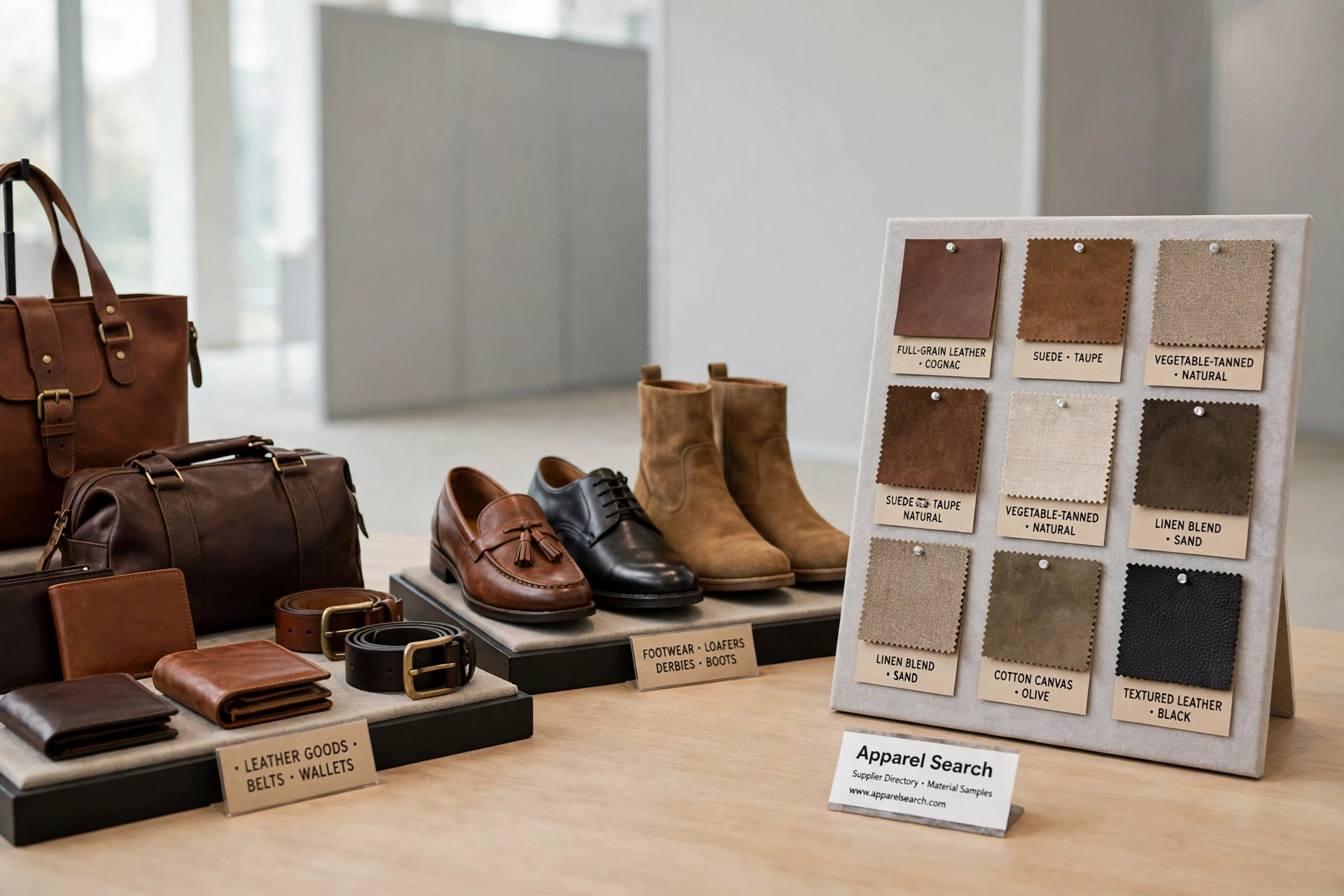 A trade fair exhibition hall scene with leather goods, footwear and material samples on display stands and a small Apparel Search card, product photography with no people