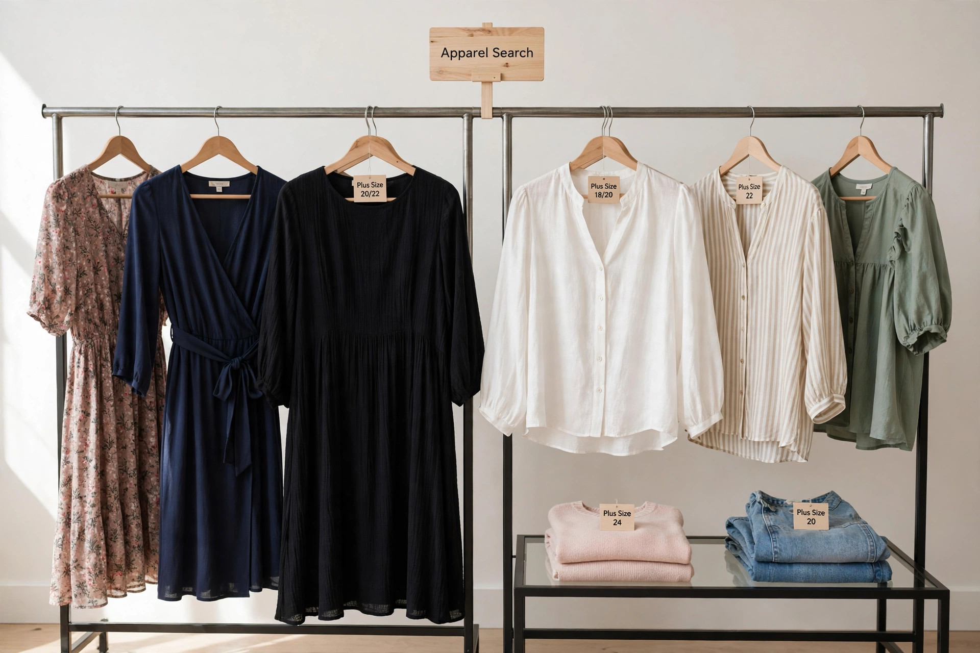 A women's clothing retail display with dresses, blouses and plus-size fashion on rails and mannequin-free stands and a small Apparel Search sign, product photography with no people