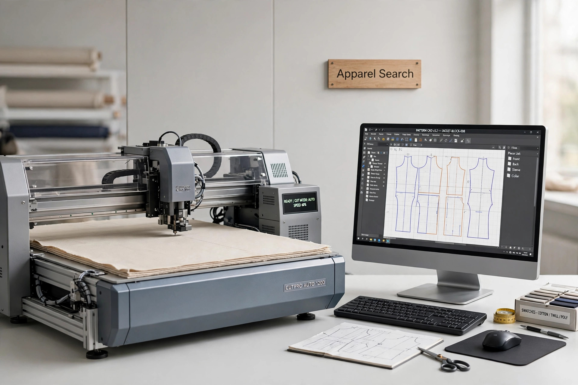 An automated fabric cutting machine and CAD workstation in a garment factory with a small Apparel Search sign, product photography with no people