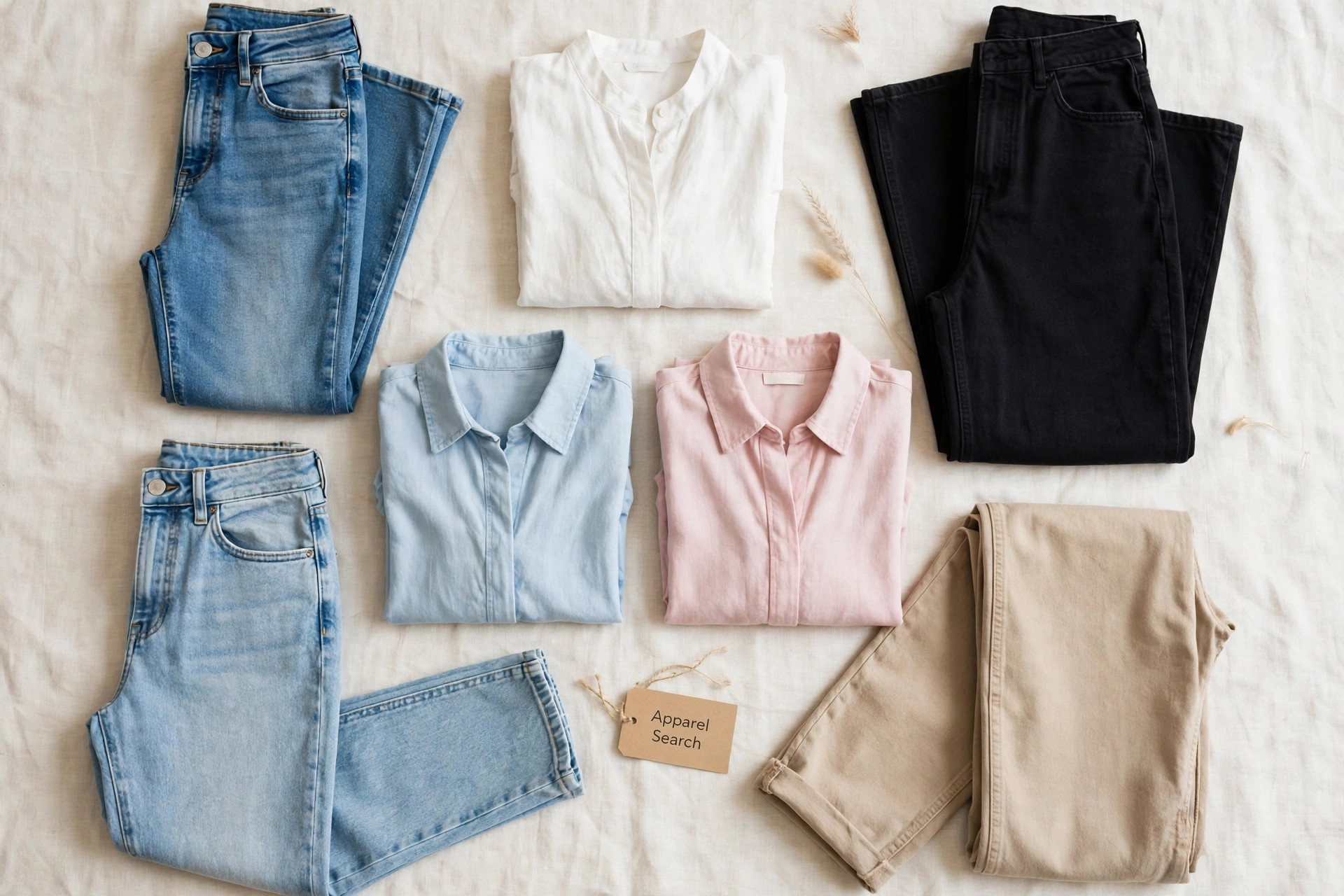 A flat lay of women's jeans in several fits with folded shirts arranged neatly and a small Apparel Search tag, product photography with no people
