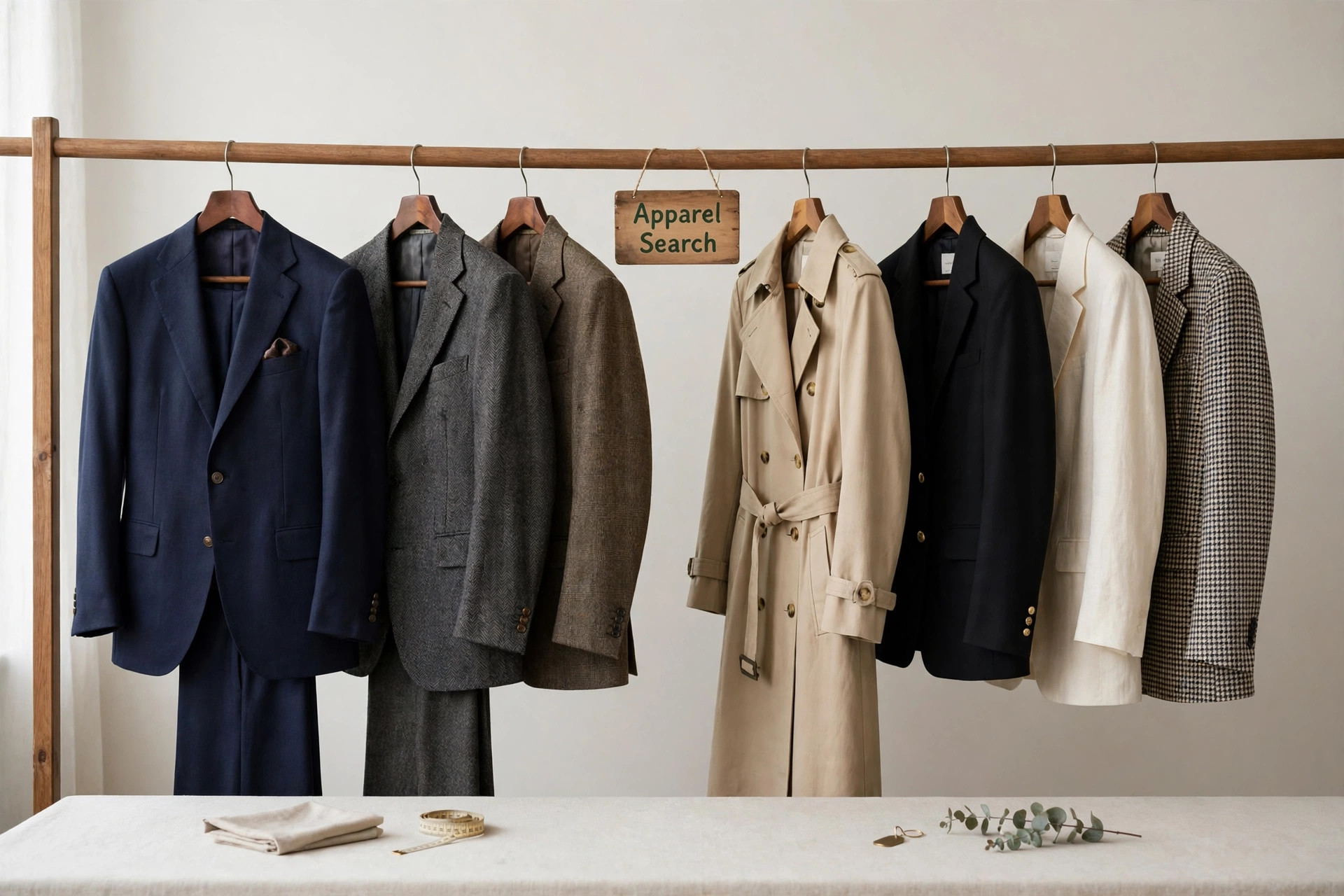 A British tailoring shop display with men's suits, tailored jackets and women's classic clothing on a rail and a small Apparel Search sign, product photography with no people