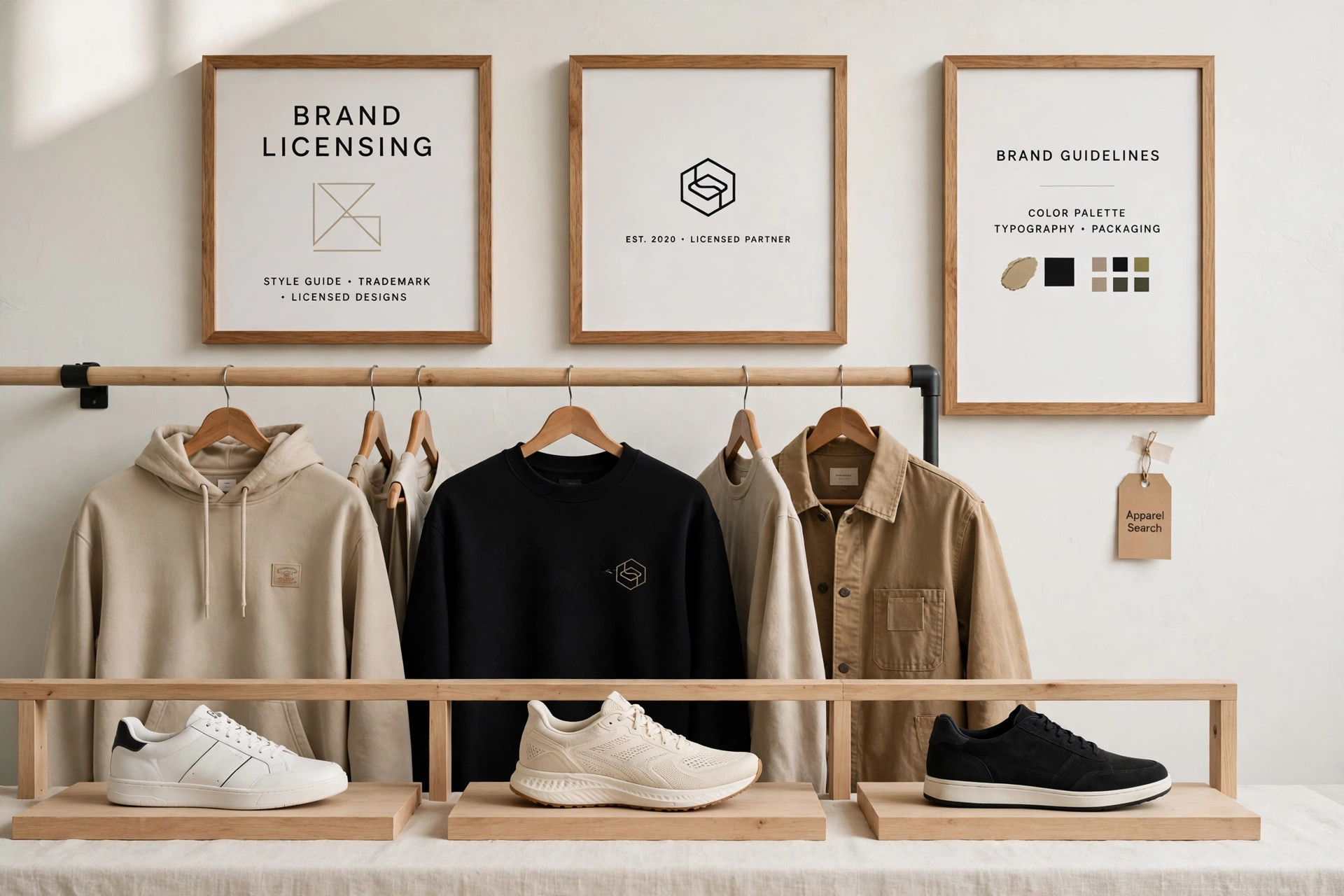 A brand licensing office scene with framed brand artwork, clothing rails and shoe displays and a small Apparel Search tag, product photography with no people