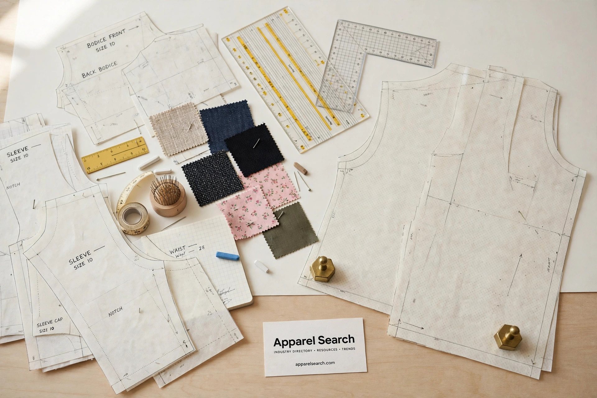 A pattern making studio table with paper clothing patterns, grading rulers and fabric samples beside a small Apparel Search card, product photography with no people