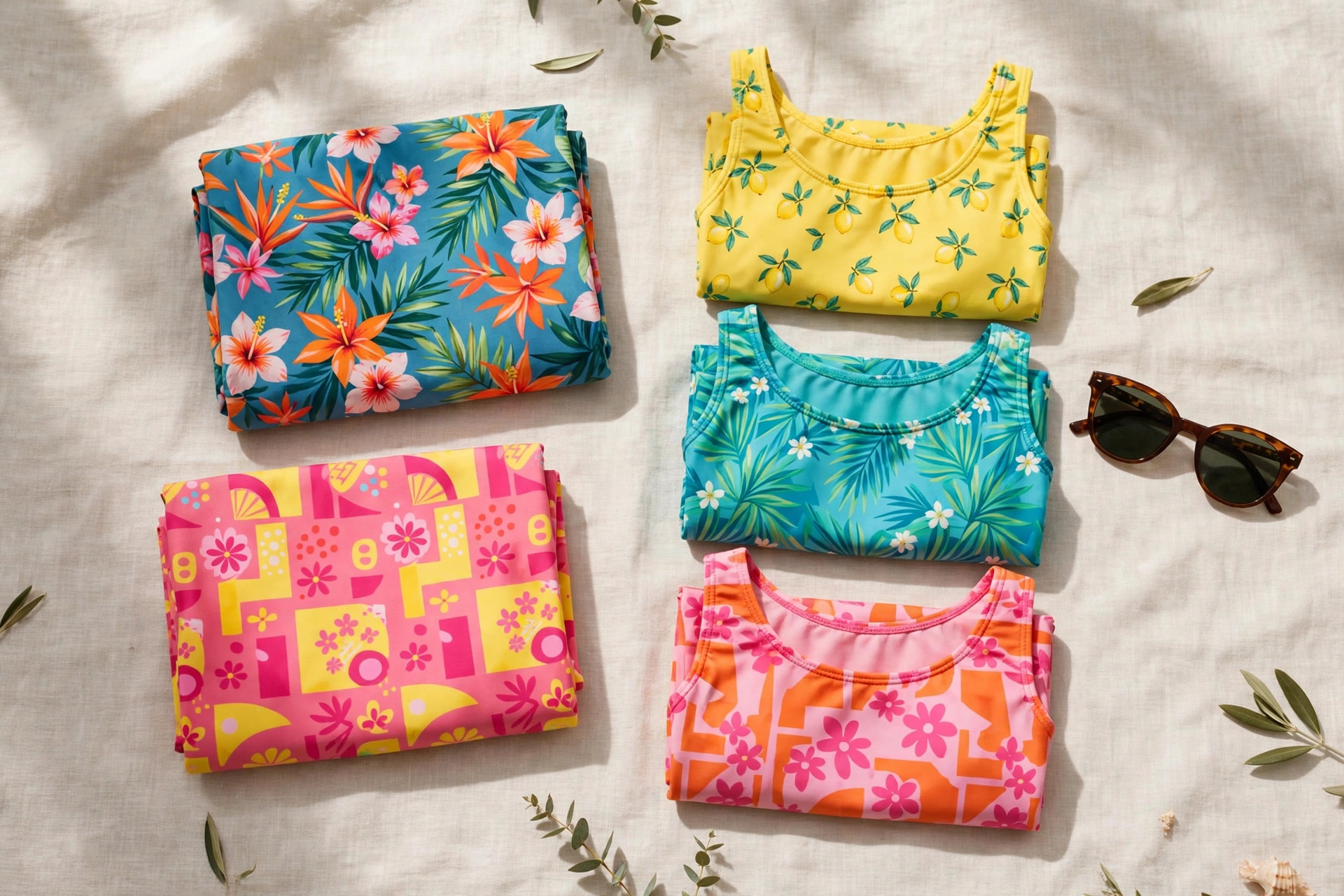 A flat lay of folded women's one-piece swimsuits and tankini tops in bright prints with sunglasses beside them, modest product photography with no people