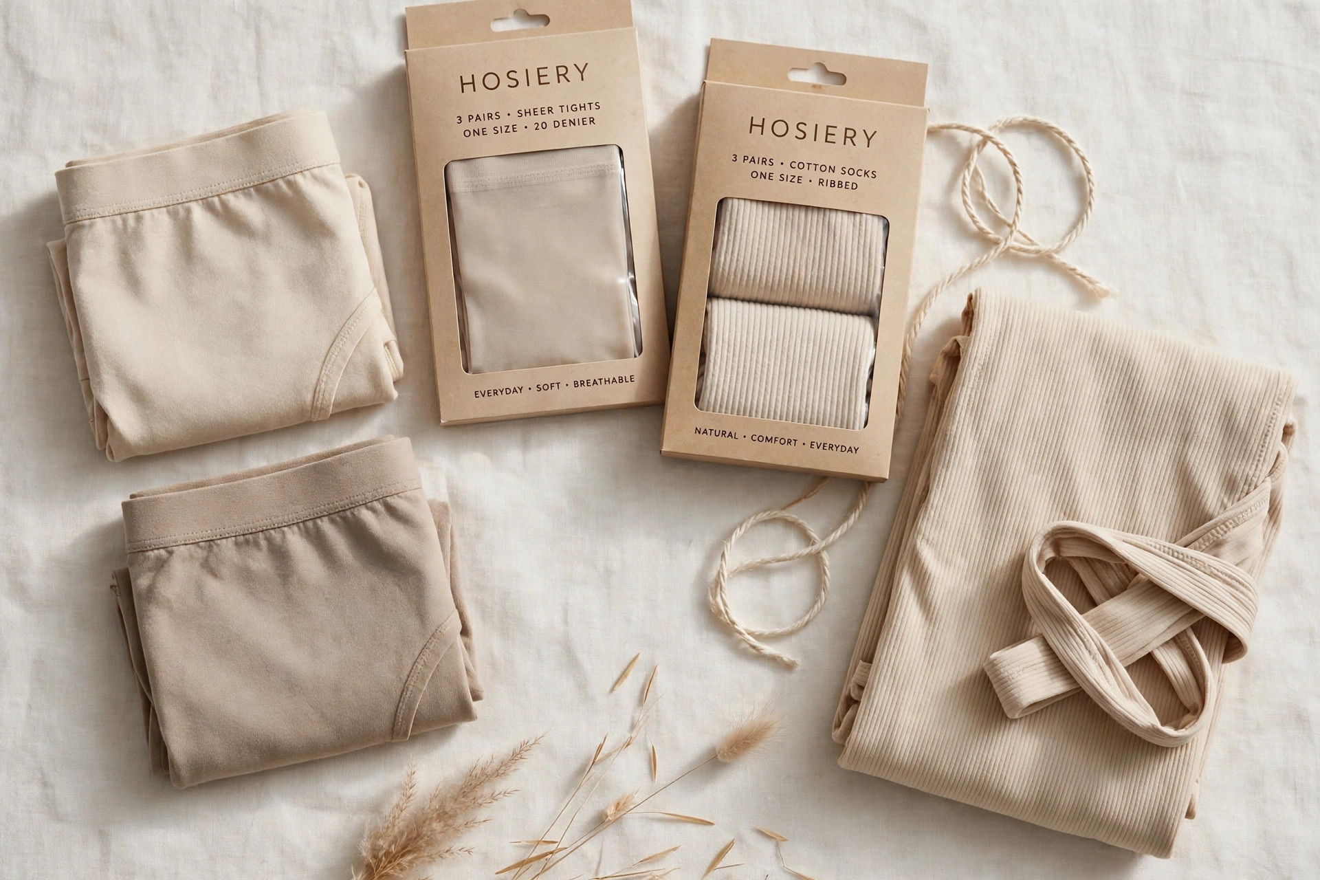 A product flat lay of neatly folded basic underwear, hosiery packages and a folded swimsuit in neutral colours on a clean surface, modest product photography with no people