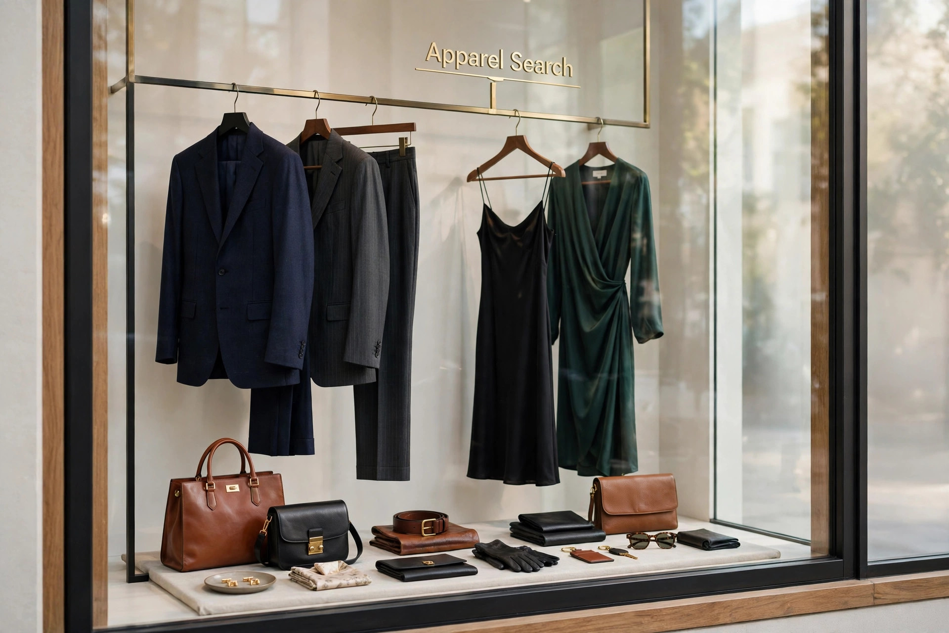 An upscale department store window display with designer suits, dresses and leather accessories behind glass and a small Apparel Search sign, product photography with no people