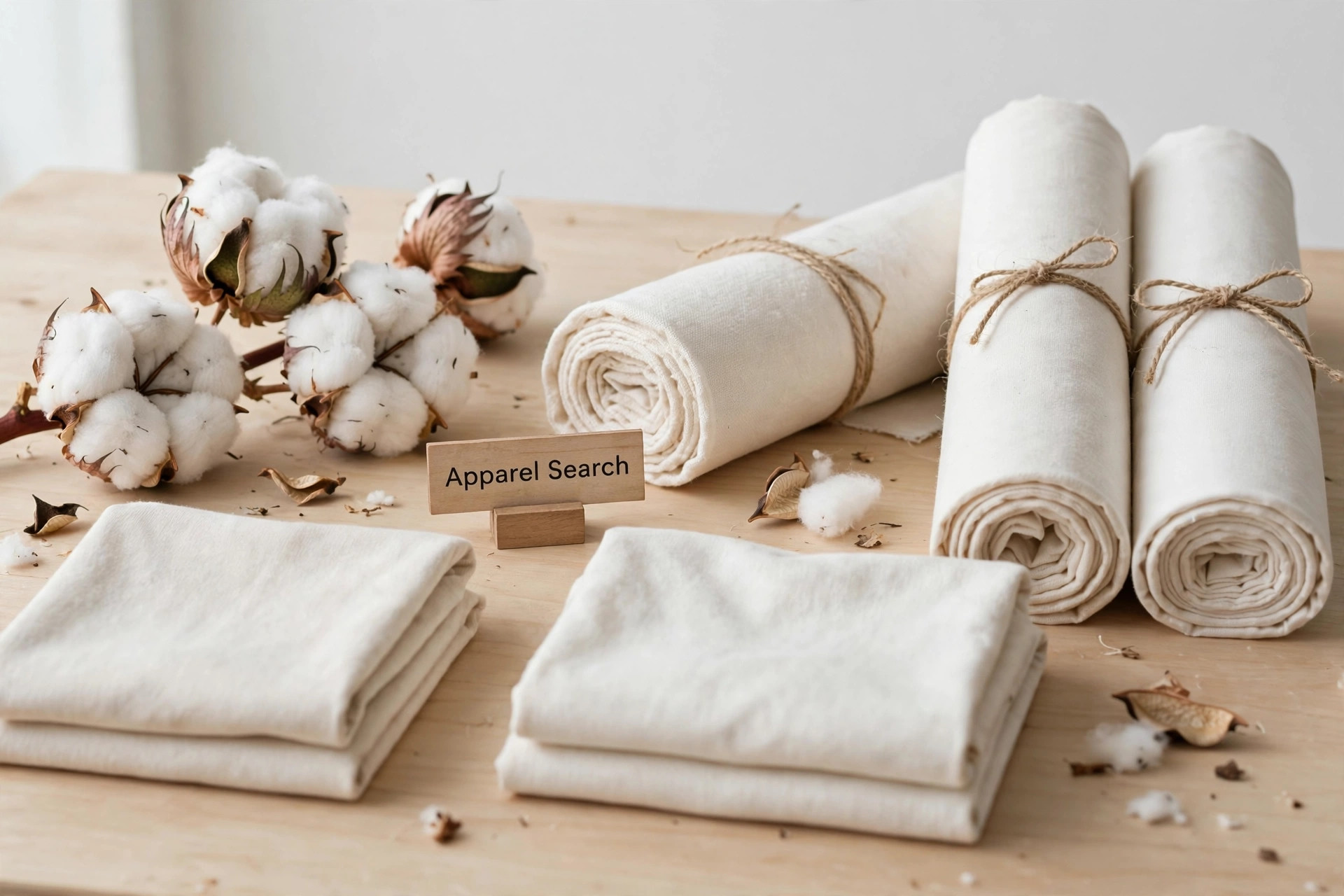 A textile scene with raw cotton bolls, cotton fabric rolls and folded cotton garments on a work table with a small Apparel Search sign, product photography with no people
