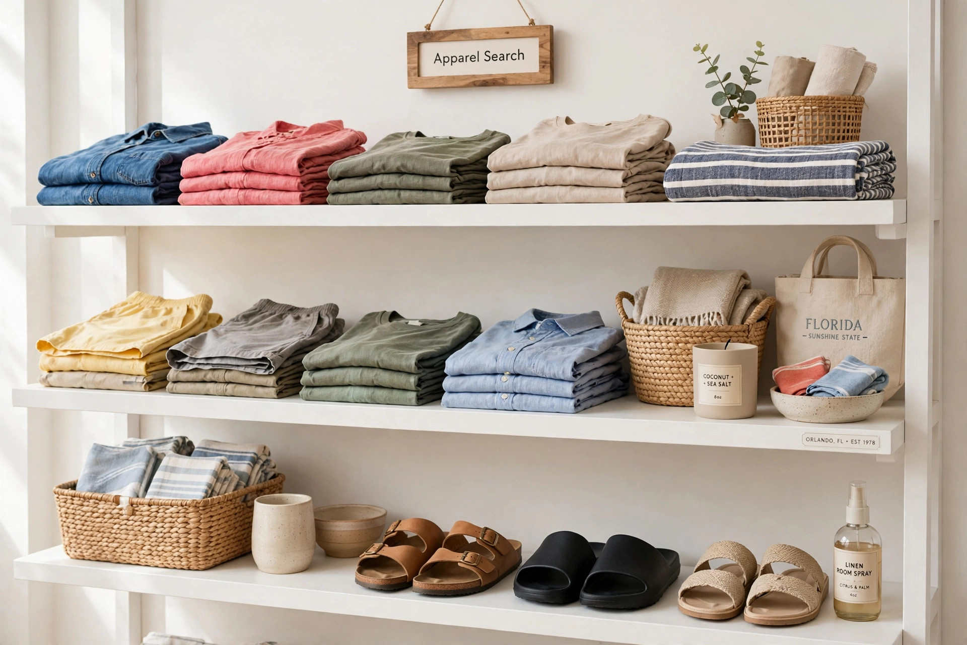 A Florida department store display with casual clothing, sandals and home goods on bright shelves and a small Apparel Search sign, product photography with no people