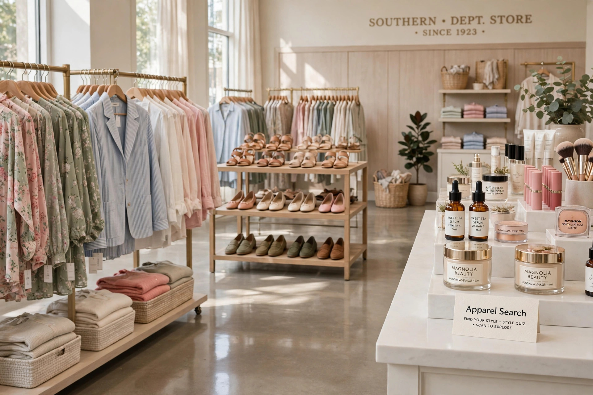 A Southern department store interior with women's fashion, shoes and cosmetics displays on polished floors and a small Apparel Search card, product photography with no people