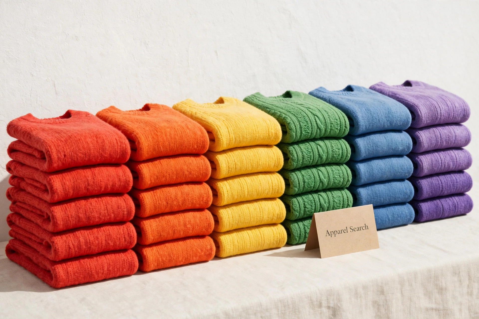A colourful knitwear display with folded sweaters in bright solid colours stacked by shade and a small Apparel Search sign, product photography with no people