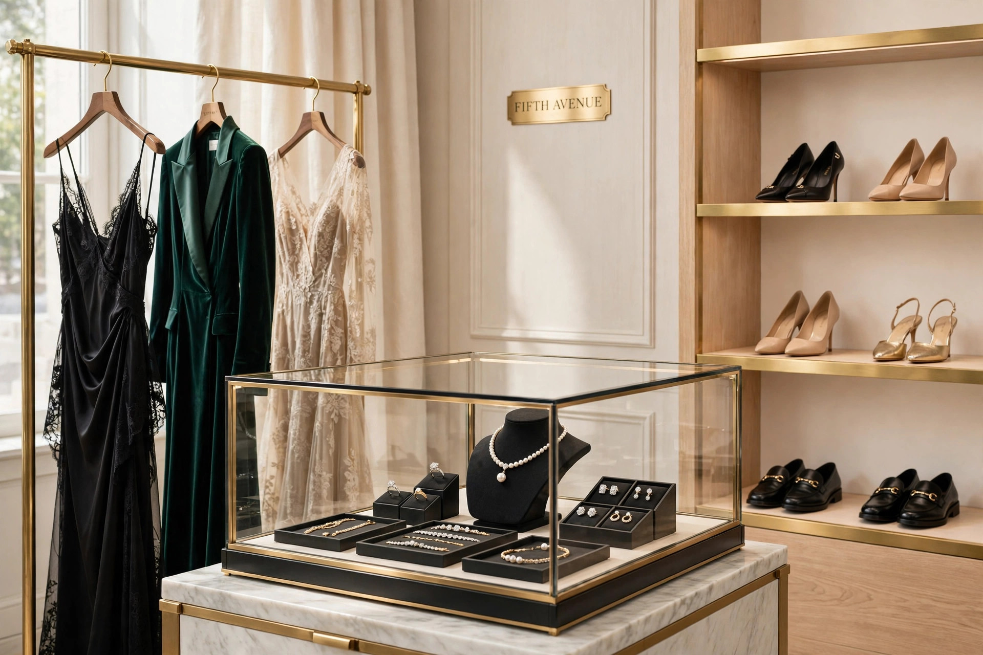An elegant Fifth Avenue luxury store display with designer gowns, fine jewelry cases and a polished shoe salon, product photography with no people