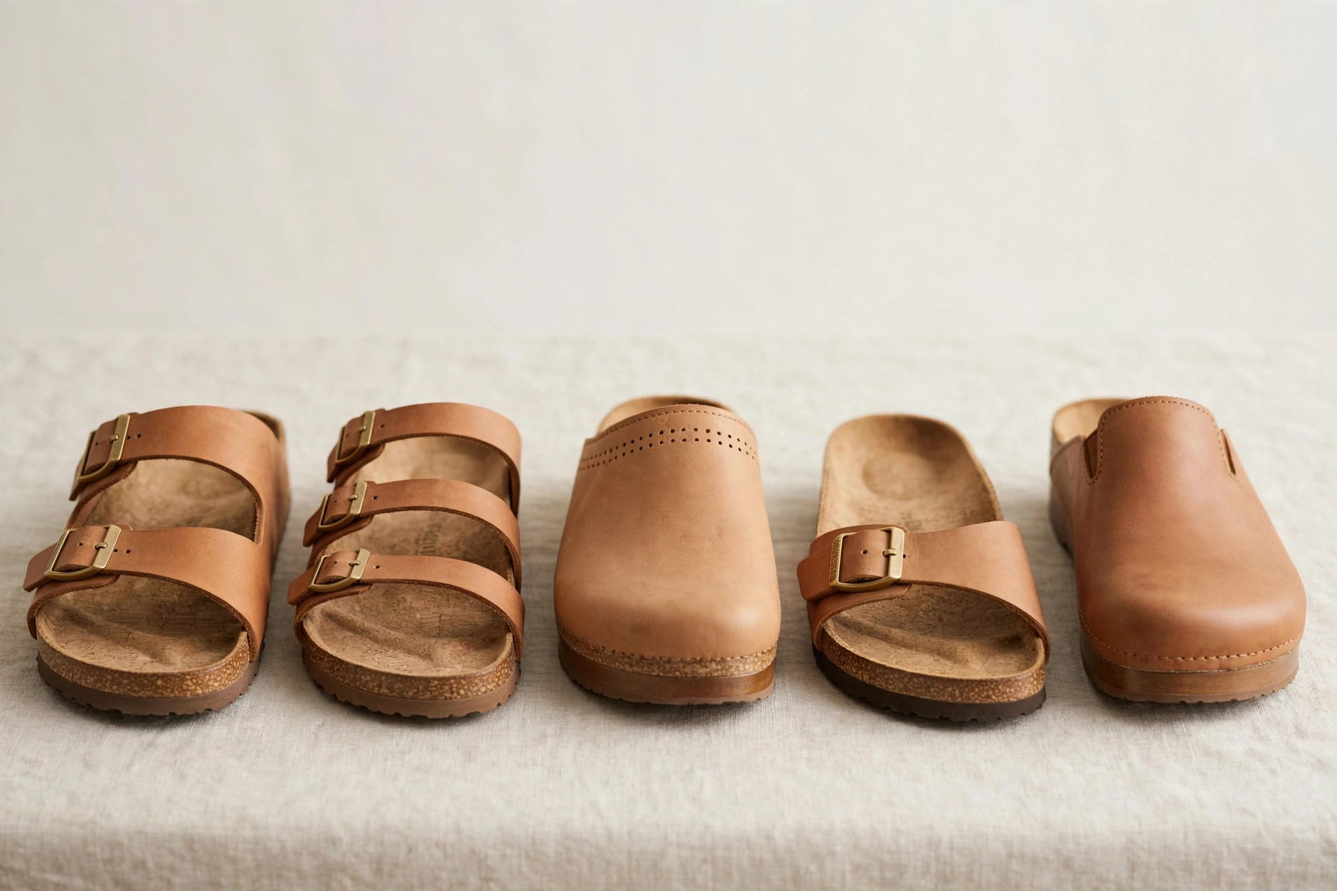 A footwear product display with cork footbed sandals and closed clogs in natural leather arranged in a row, product photography with no people