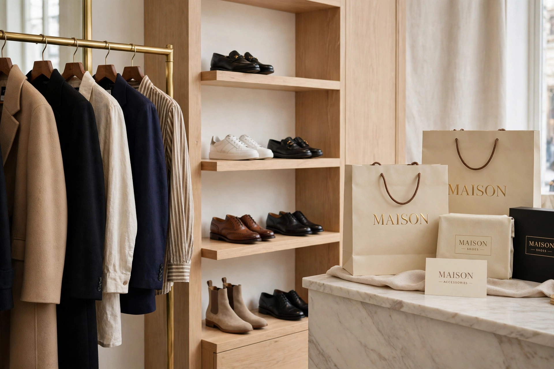 A grand department store display with designer clothing rails, a shoe salon and signature shopping bags on a counter, product photography with no people