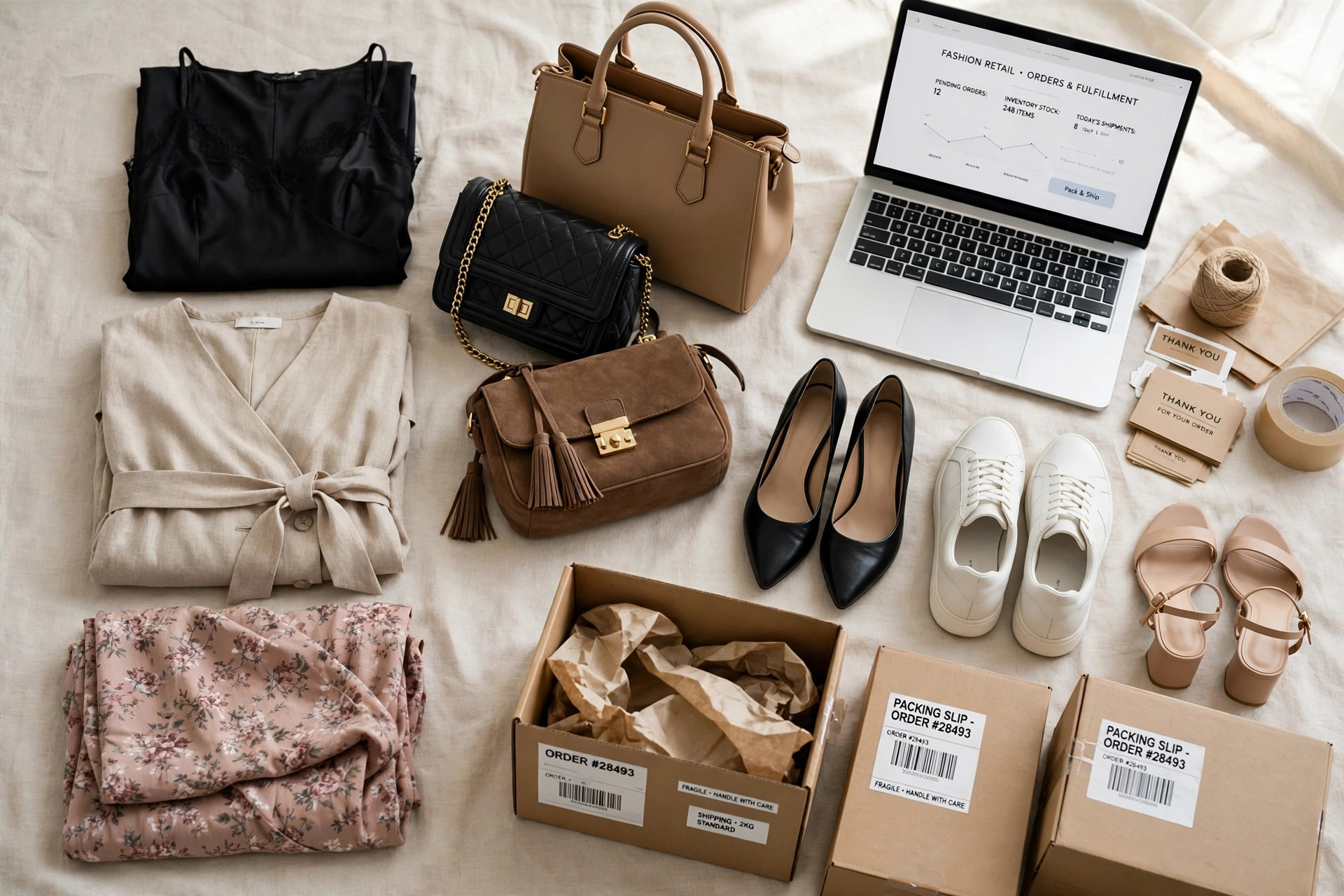 An online fashion retail scene with designer dresses, handbags and shoes arranged beside shipping boxes and a laptop, product photography with no people