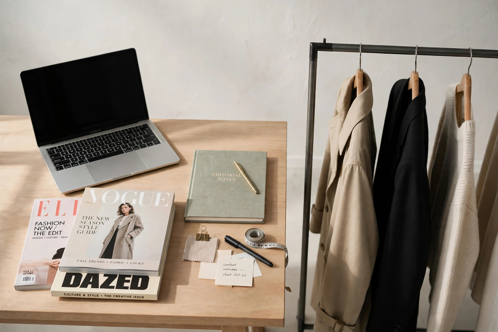 A fashion media office scene with a laptop, fashion magazines and a notebook on a desk beside a clothing rail, product photography with no people