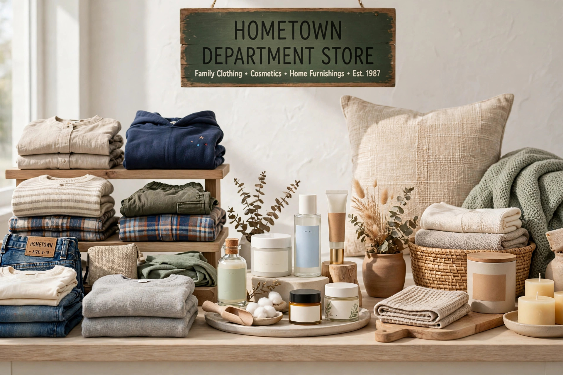 A hometown department store display with family clothing, cosmetics and home furnishings in a bright interior, product photography with no people