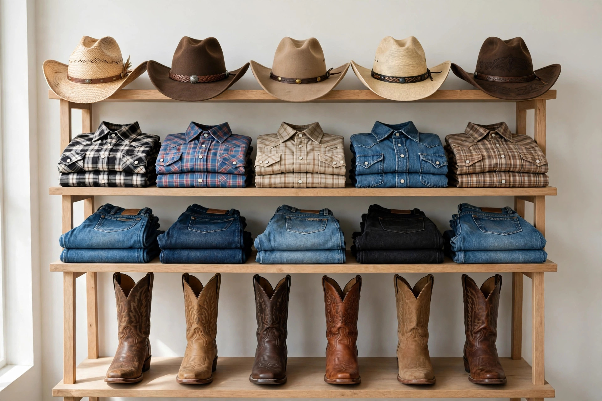 A western wear store display with cowboy boots in a row, denim jeans, western shirts and cowboy hats on shelves, product photography with no people