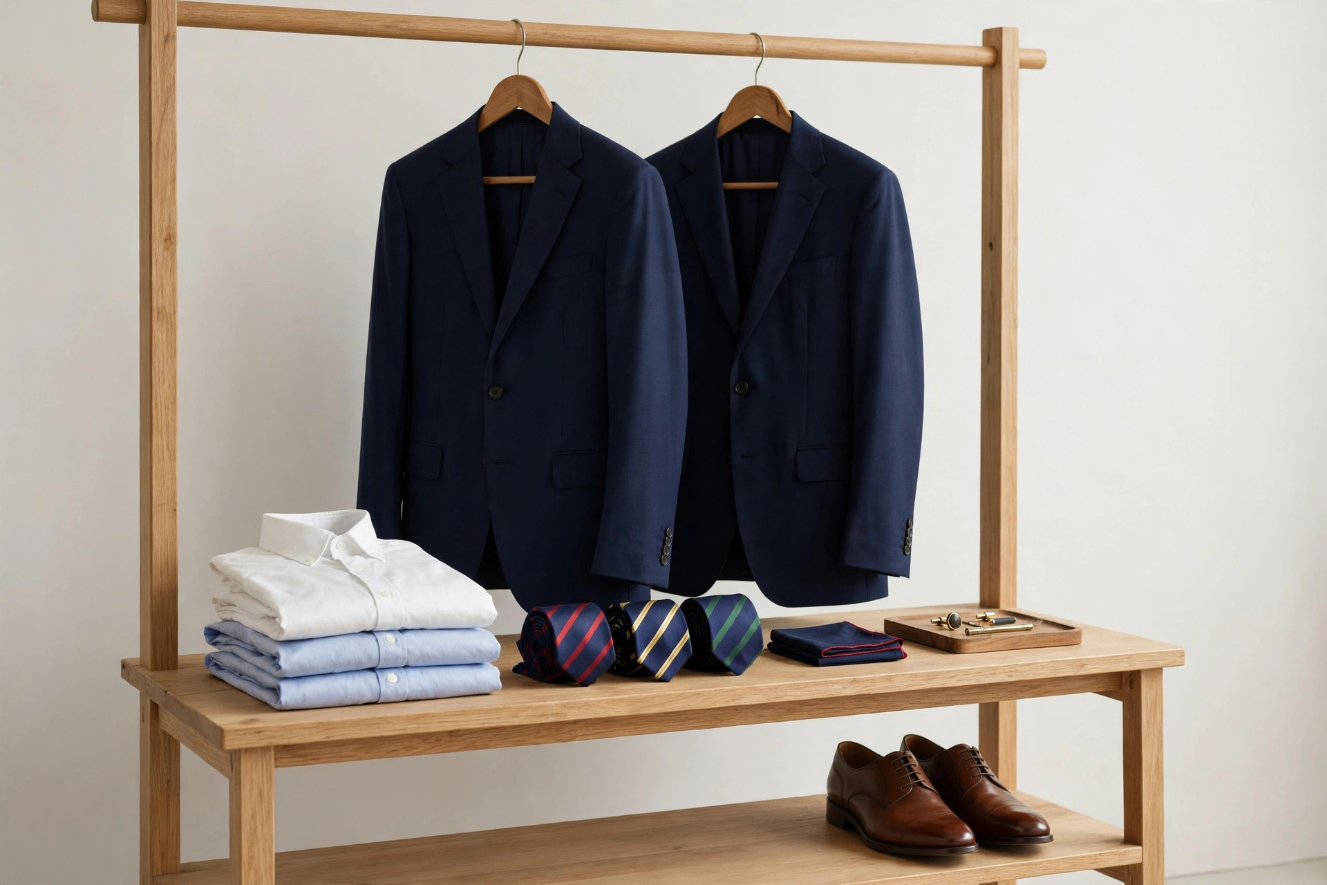 A classic menswear store display with navy suits, button-down shirts, repp ties and leather shoes on wooden fixtures, product photography with no people