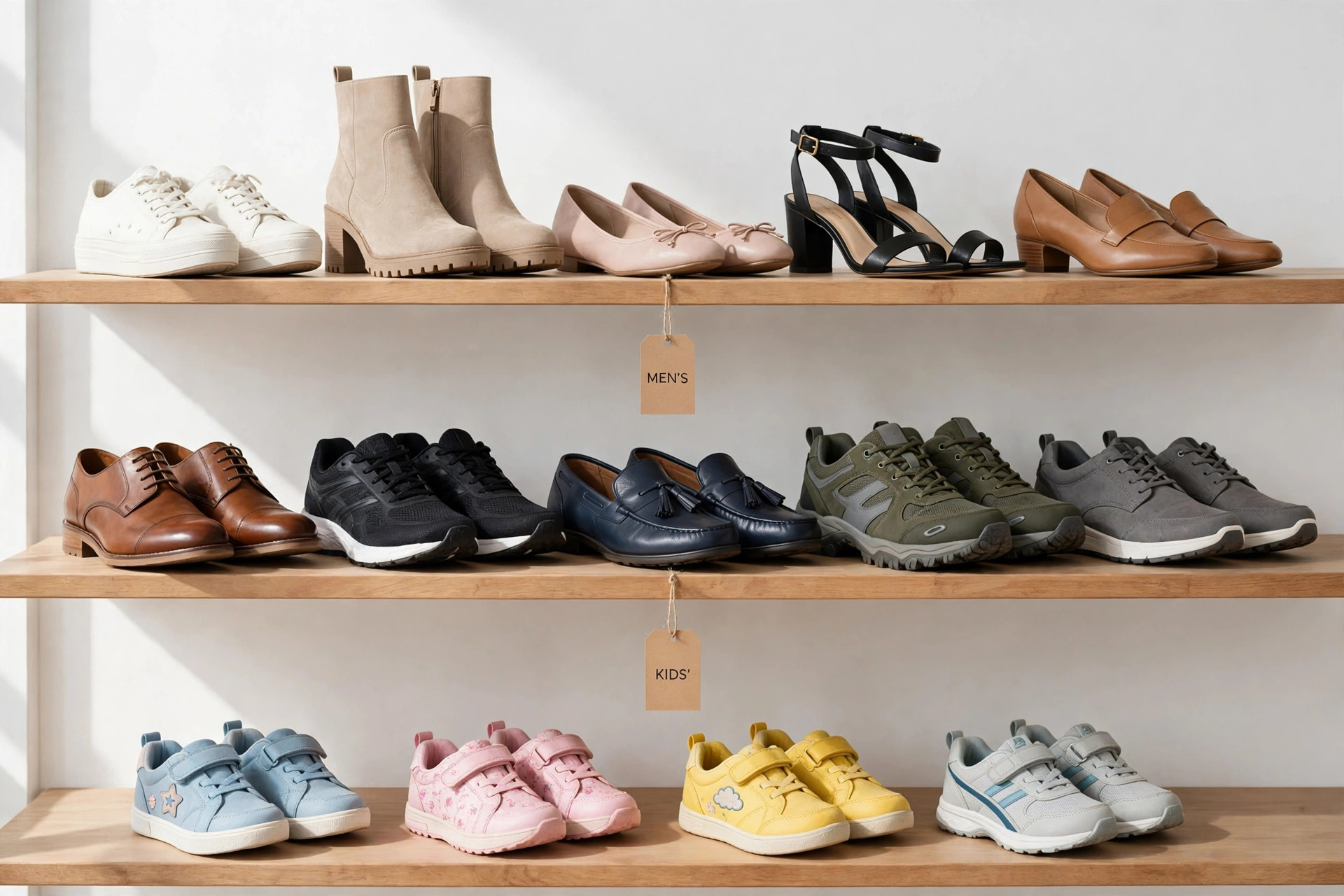 A shoe store display with rows of women's, men's and children's shoes across many styles on tiered shelves, product photography with no people