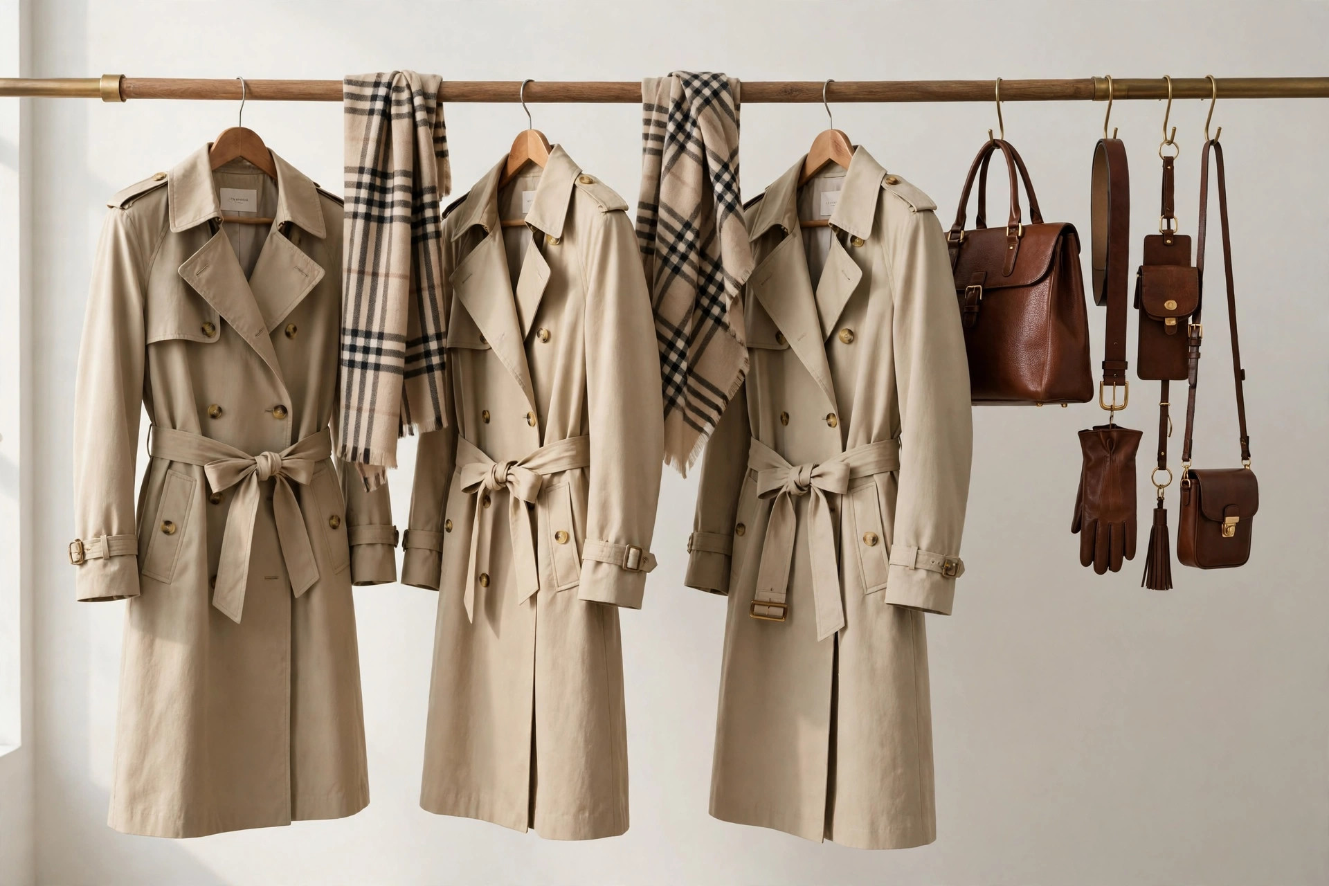 A luxury outerwear display with beige trench coats, check-pattern scarves and leather accessories on a rail, product photography with no people