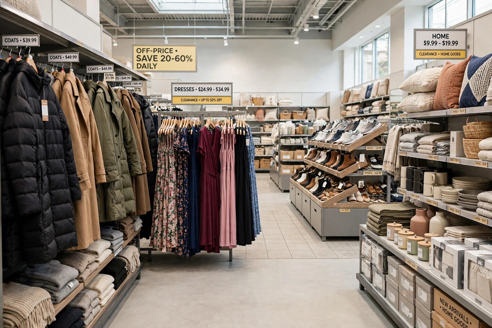 A large off-price store display with coats, dresses, shoes and home goods across wide aisles, product photography with no people