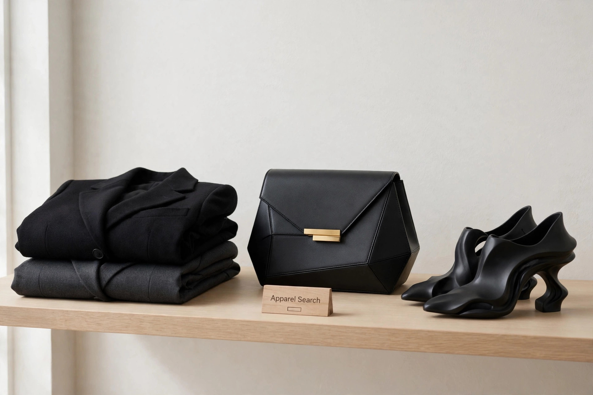 A luxury fashion display with structured tailored jackets, an architectural handbag and sculptural shoes on a clean shelf with a small Apparel Search sign, product photography with no people